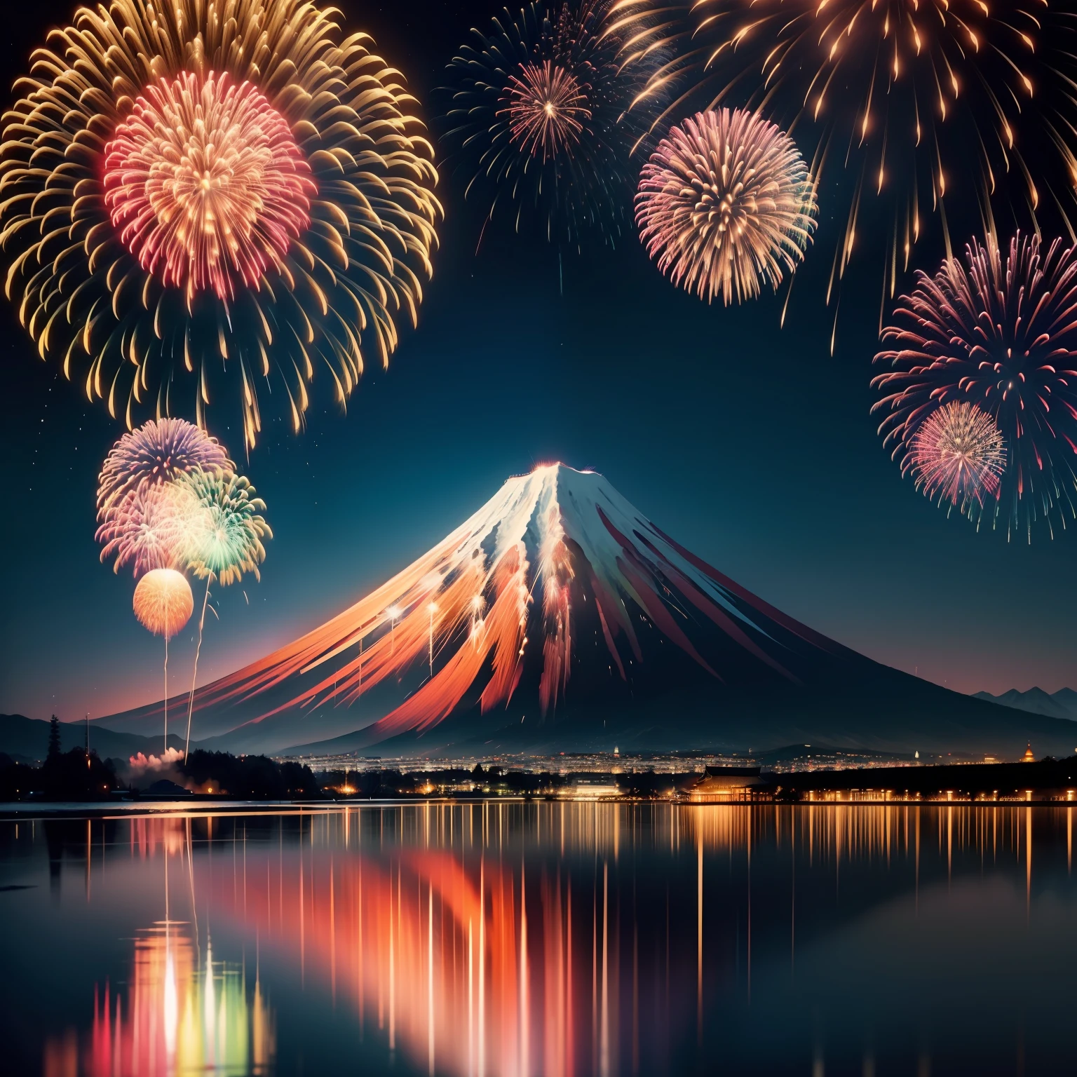 The location(jpn)、Fireworks Festival(colourfull)、Mt. Fuji in the background、Fireworks reflected in the lake、masterpiece、high-level image quality