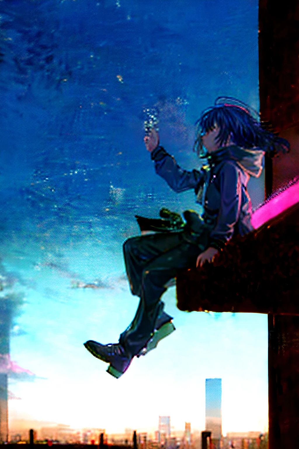cyber punk Girl futuristic cities blows wind