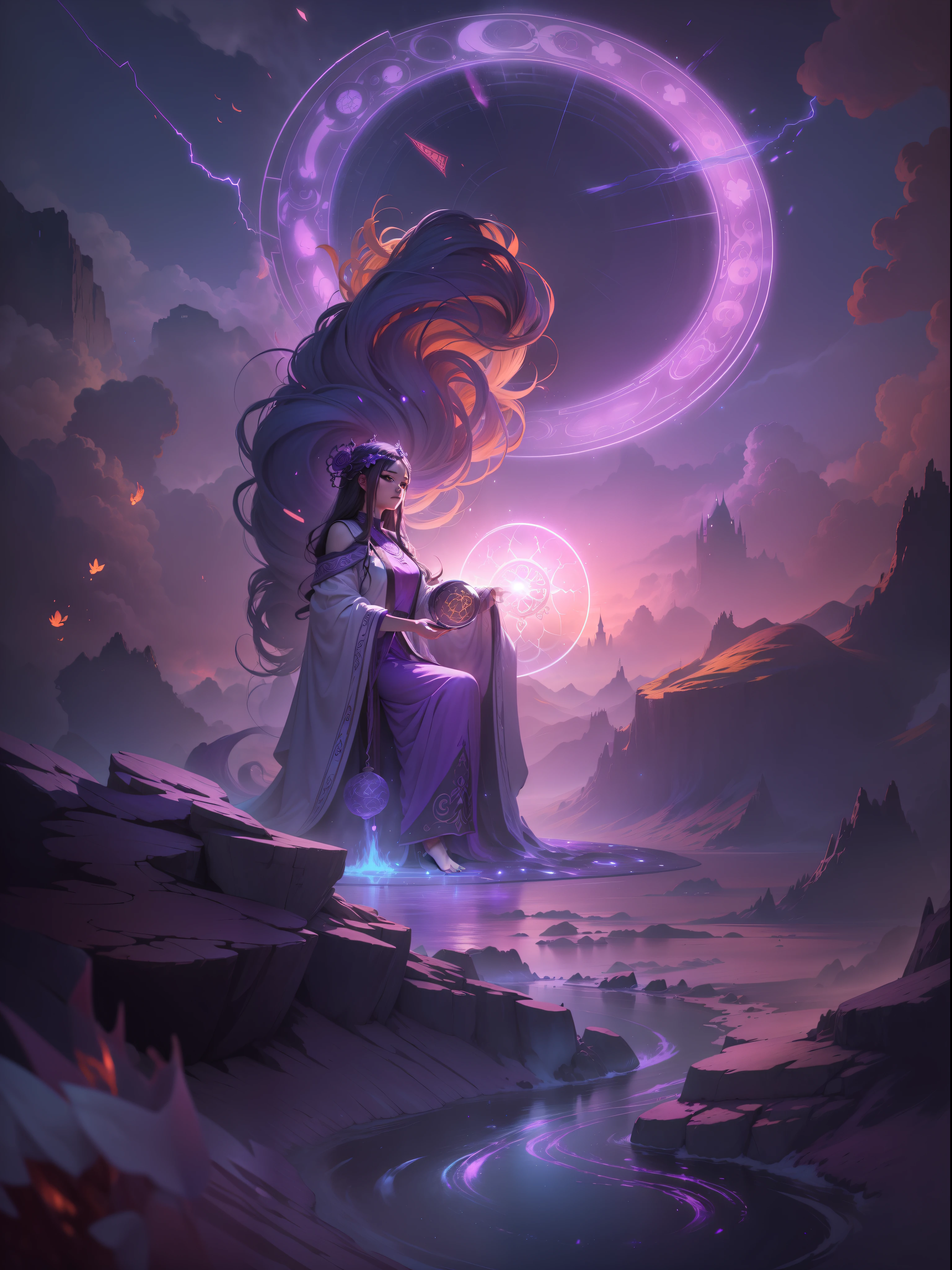 Picture quality:A masterpiece of high detail,8K,High resolution Body content:1girll,16 yaers old,Full-body position, Broad perspectives,wears a long robe,Glowing hair,long leges,Exudes an aura of majesty and wisdom,The purple magic wheel unfolded behind it,Behind him is the mysterious oversized purple chakra purple light,Countless glowing quicksand swirled around this figure,Mysterious top light,The feeling of being high,Background with:A dazzling paradise,enviroment:fanciful,Full of mystery,Buddha is filled with purple light,utopian,Bathe in the breath of chaos,Hopeful,Divine piety,mystical ambiance:Mysterious and unknowable sense of light,sun light,Intense violet light,Magic beam,The fantasy of the future world is intertwined with reality,Color:Infused with ethereal hues and luminous purple hues,White-blue,High purity color, composition:Ultra-wide angle composition,Faraway view, Style reference:Virtual Engine,The magical texture of ghostly sparks,Chaotic real world