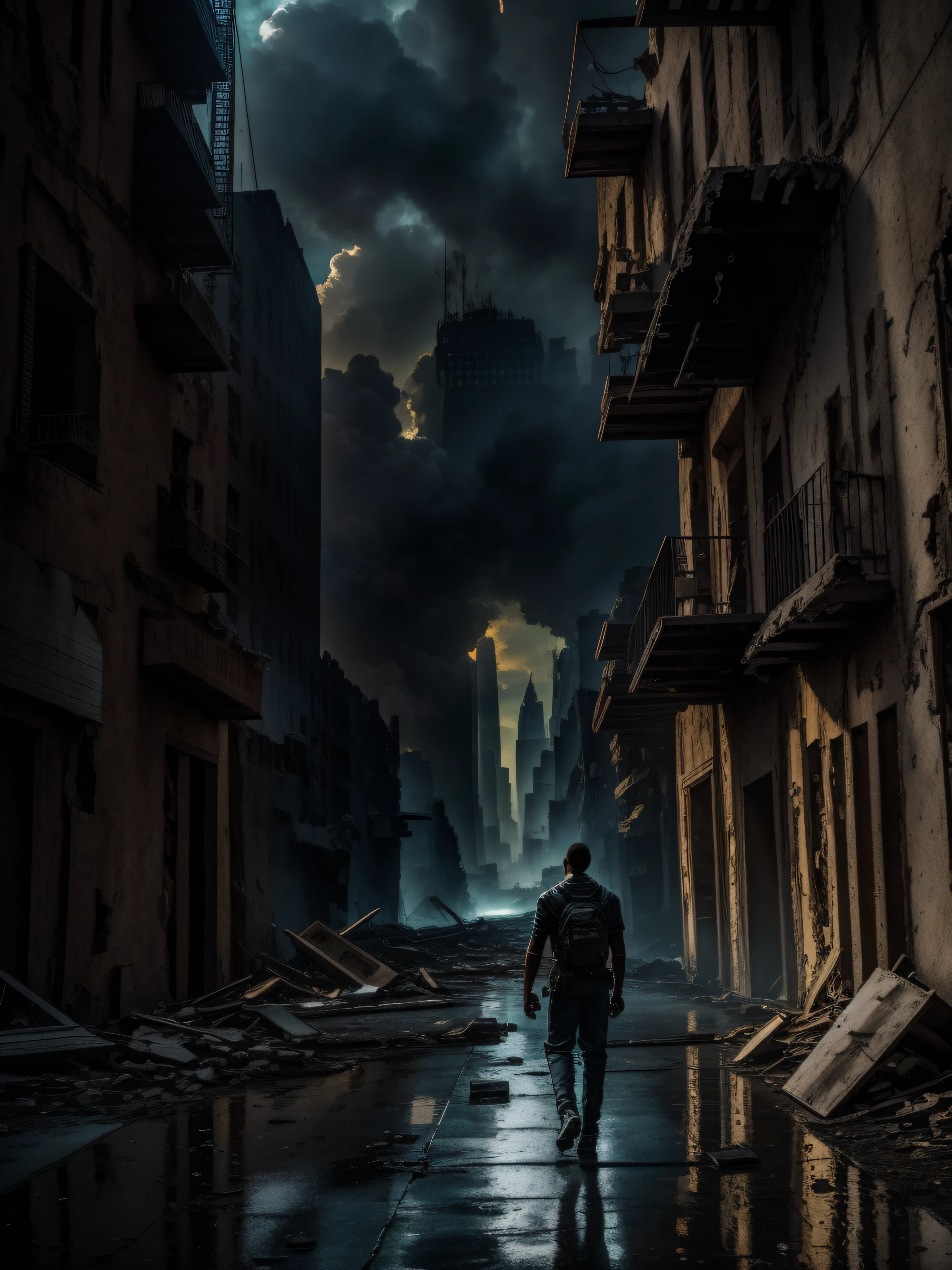 FULL SHOT, ACTOR WILL SMITH WALKS ALONE THROUGH THE RUINS OF NEW YORK FACING THE CAMERA, DRAMATIC LIGHT, POST-APOCALYPSE ATMOSPHERE, SUPER HIGH RESOLUTION, SUPER FINE FOCUS, BEST QUALITY, 32K, HDR, STEVE MCCURRIE STYLE ,HYPERPHOTOREALISM