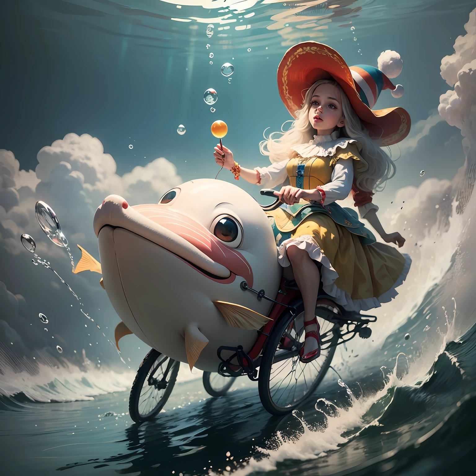 Arabian tale from the 1400s, Merry moving fish. On the head is a hat-cylinder. In a clown costume. Riding under water on a children's tricycle. Juggles with air bubbles. Full length closeup portrait in Disney Pixar style, super realistic, cinematic, lots of details, dark blur fantasy background --auto --s2