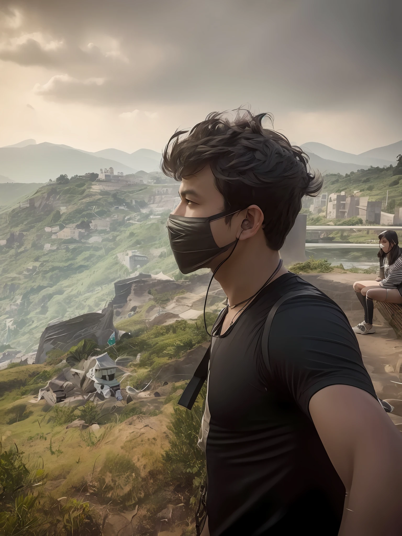 there is a man wearing a face mask and a black t-shirt and open eyes, with mountains in the background, amidst nature, hills in the background, with mountains in background, with earth in the background, with a city in the background, in front of a forest background, 8k selfie photograph, with mountains in the distance, taken with sony alpha 9, moutain in background