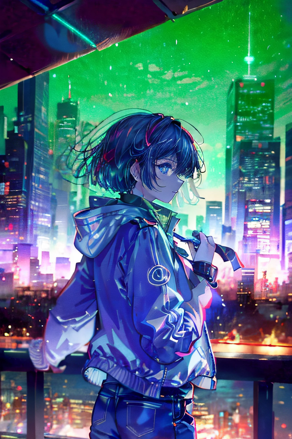 cyber punk Girl　futuristic cities　blows wind