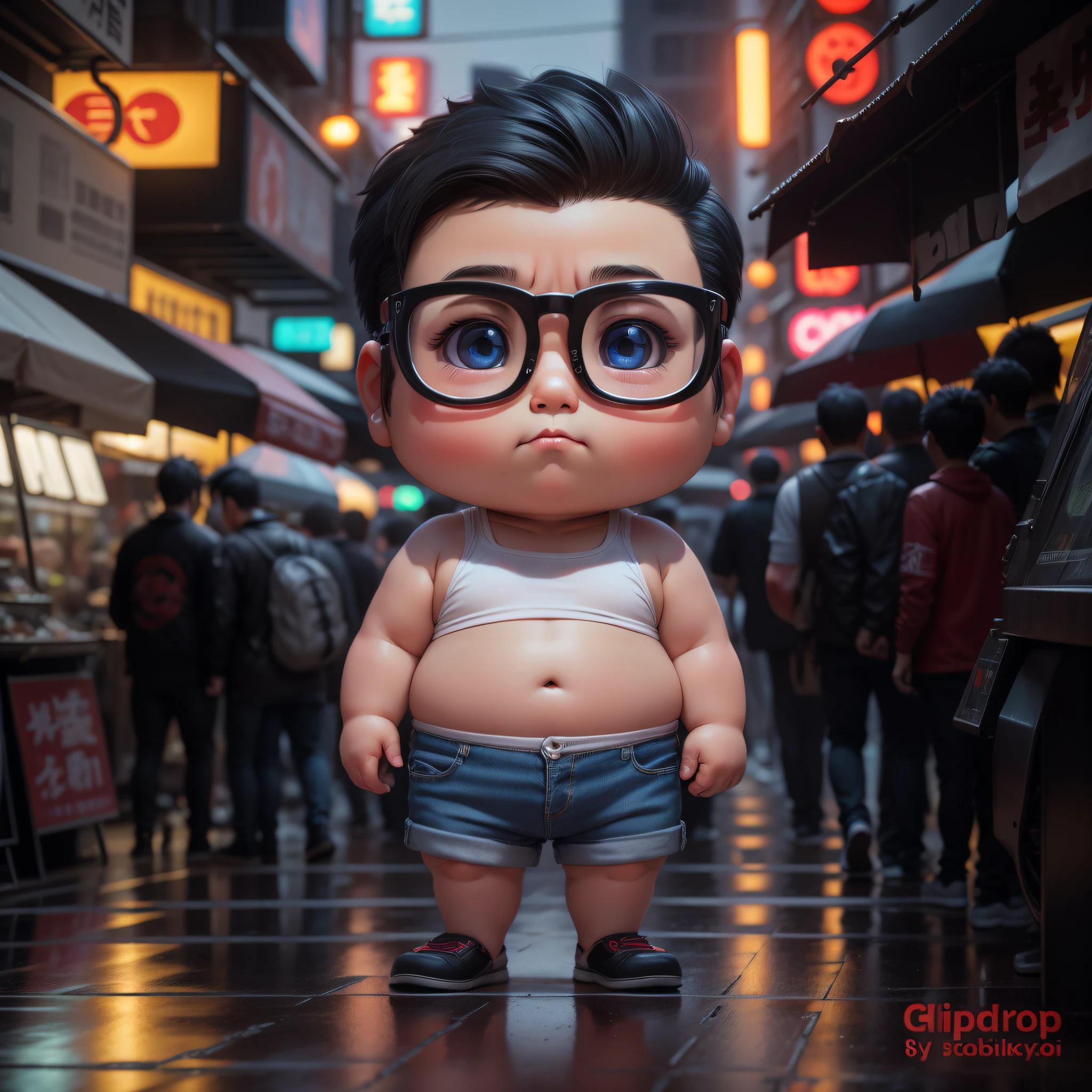 photographic portrait full body 3d render of young chubby  chinese man, wear spectacle, wear white tank top, wear blue denim shorts, dark short hair, chubby face, detail face, detail nose, realistic eyes, detail fingers, as a full body funko pop toy, cyberpunk japan background, sigma 85mm f/1.4, 15mm, 35mm, 4k, high resolution, 4k, 8k, hd, full color, photo realistic street with cyberpunk blade runner japan at night style