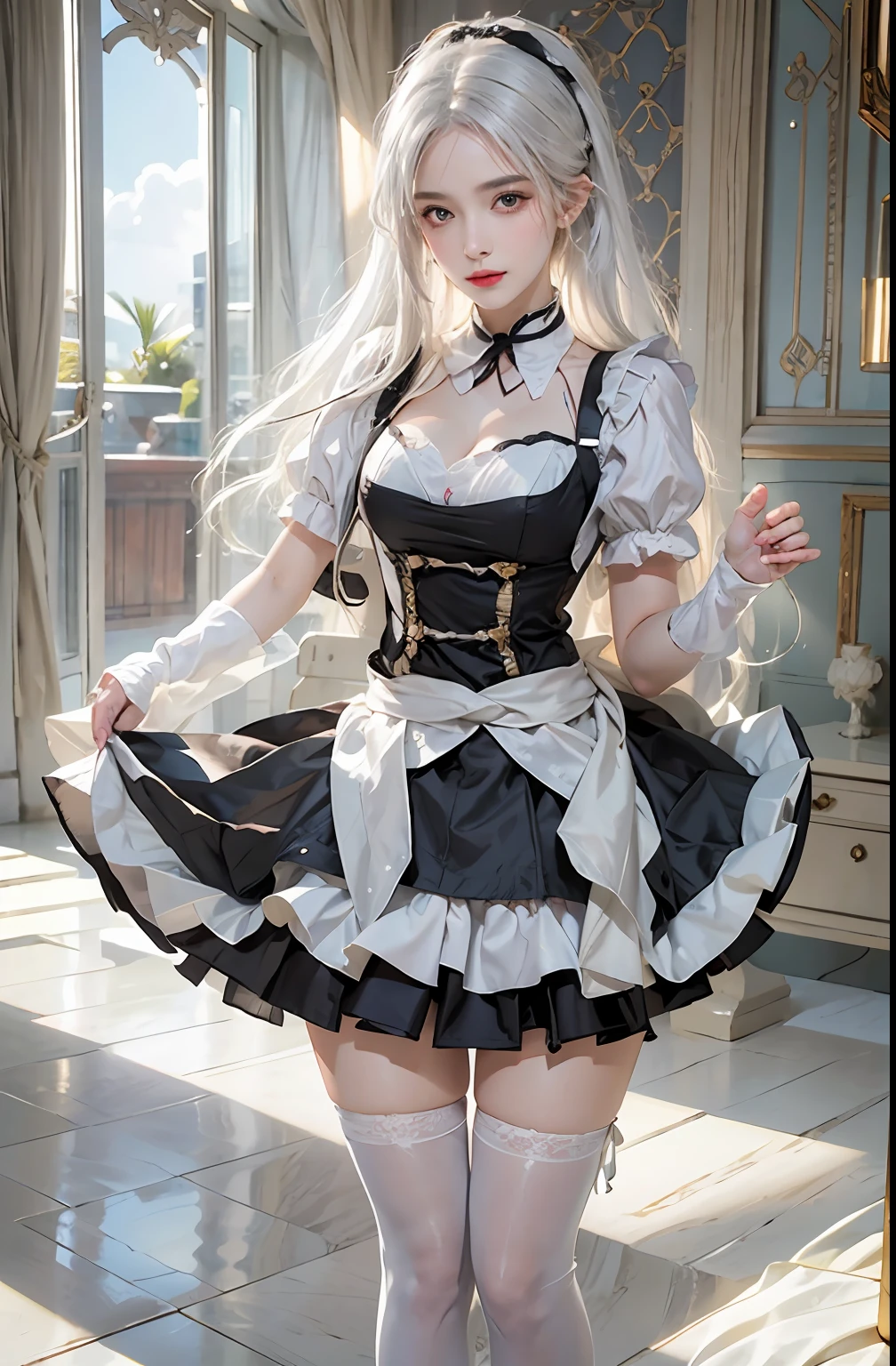 photorealistic, high resolution, 1women, solo, hips up, look at viewer, (detailed face), white hair, long hair, maid costume