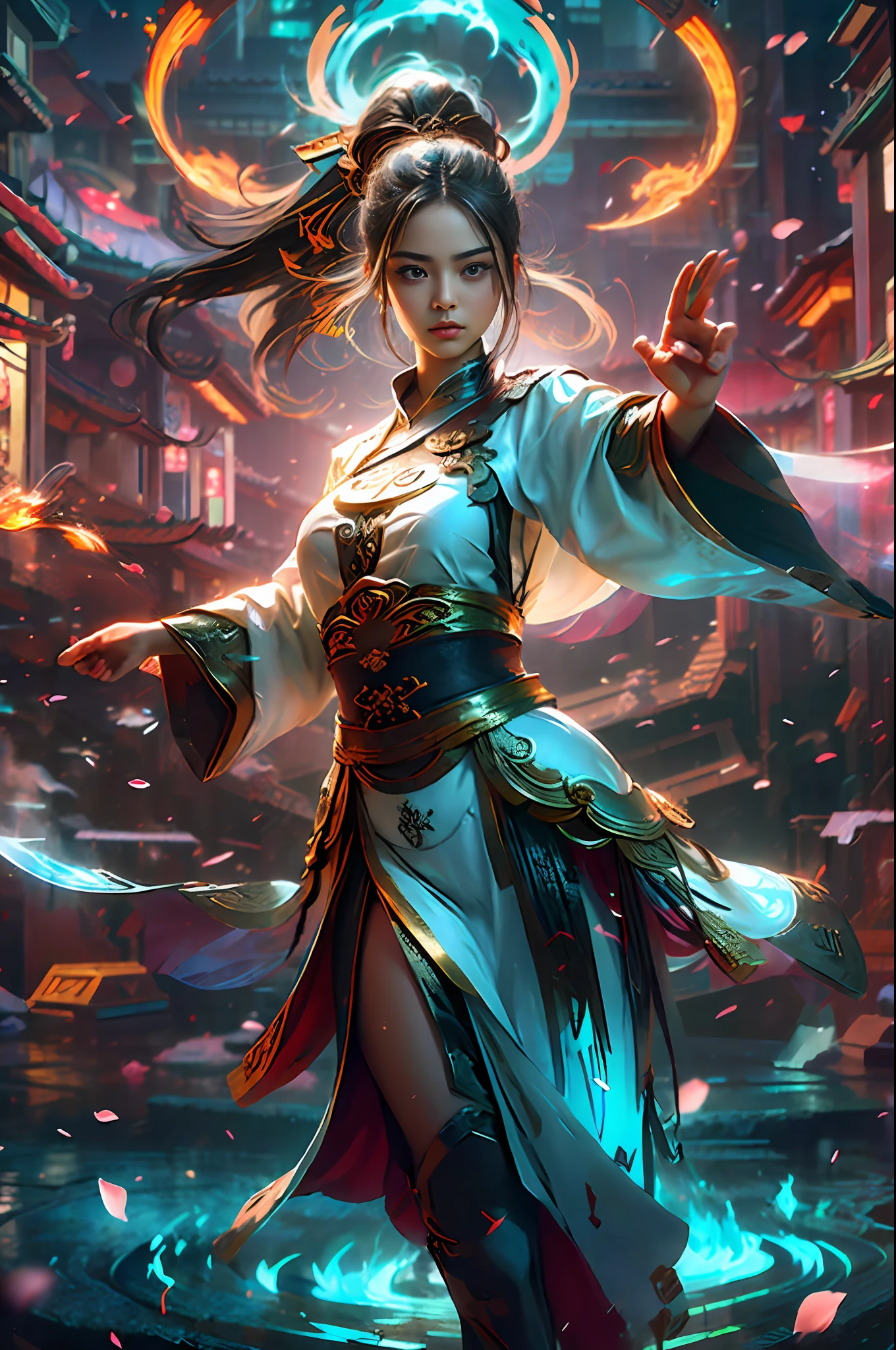 Dramatic sky, blue lightning Style: masterpiece, best quality, 8k, sharp focus, realistic, (detailed)), (around the flame, around the halo) ((dynamic pose)), ((good highlights), (perfect proportions), (dynamic), (complex), (complementary colors), good perspective, ****ung Chinese girl with a short sword in her hand, dancing forward and floating out petals,