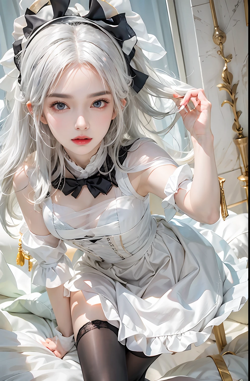 photorealistic, high resolution, 1women, solo, hips up, look at viewer, (detailed face), white hair, long hair, maid costume