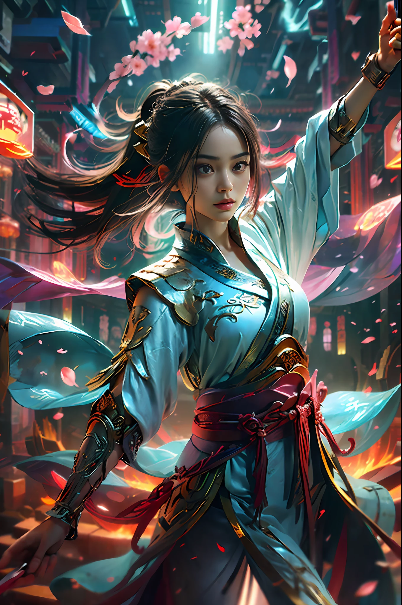 Dramatic sky, blue lightning Style: masterpiece, best quality, 8k, sharp focus, realistic, (detailed)), (around the flame, around the halo) ((dynamic pose)), ((good highlights), (perfect proportions), (dynamic), (complex), (complementary colors), good perspective, ****ung Chinese girl with a short sword in her hand, dancing forward and floating out petals,