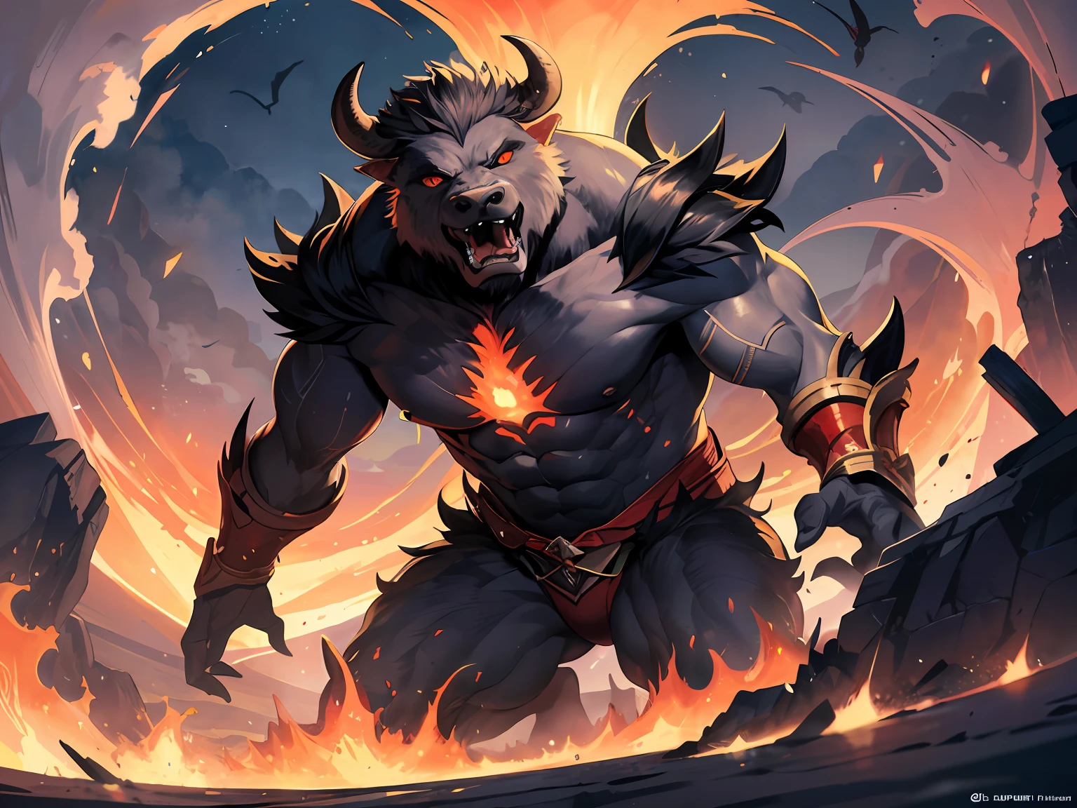 A creature appeared in the volcano, a giant beast, with the shape of an ox, a human body, fierce