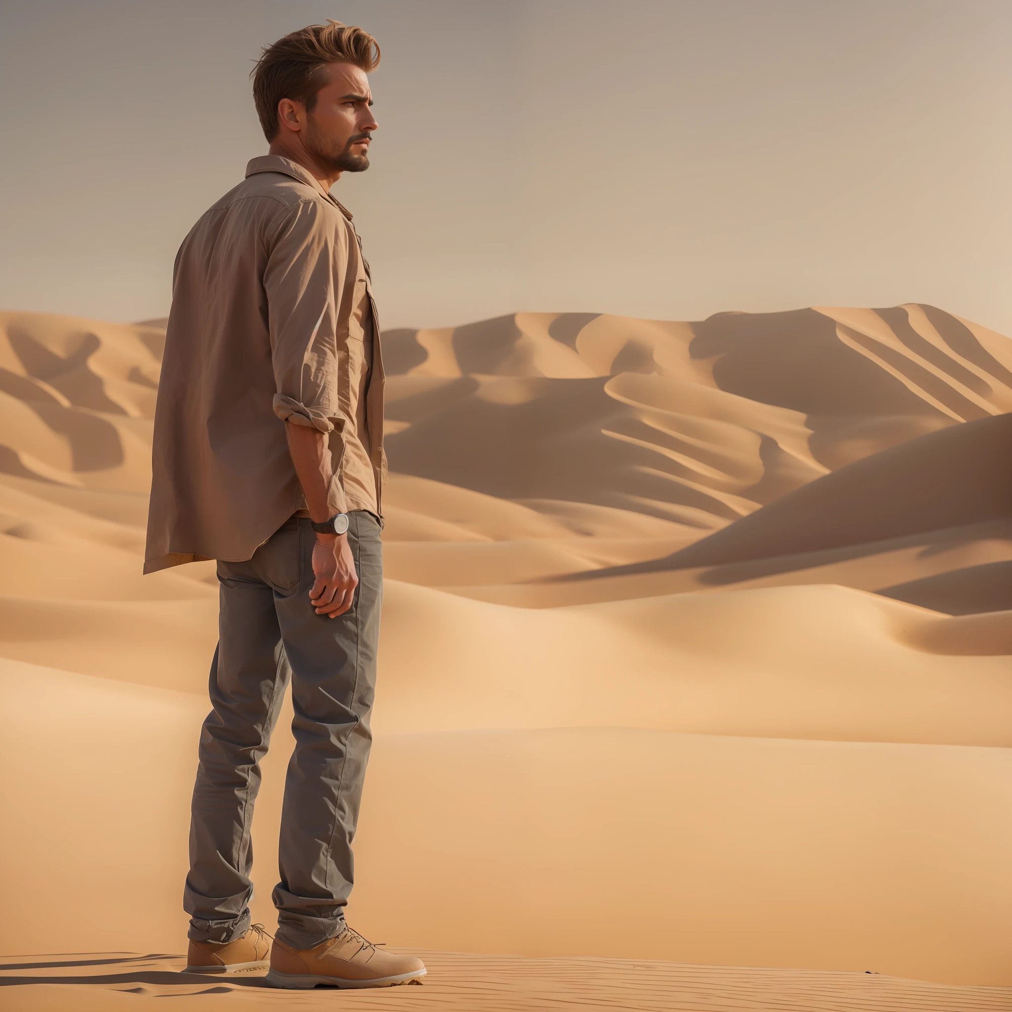 A man standing at desert, He is very tired, ,Cinematic photo, Ultra realistic, Full detailed, Sharpness, realistic face, hd smooth,