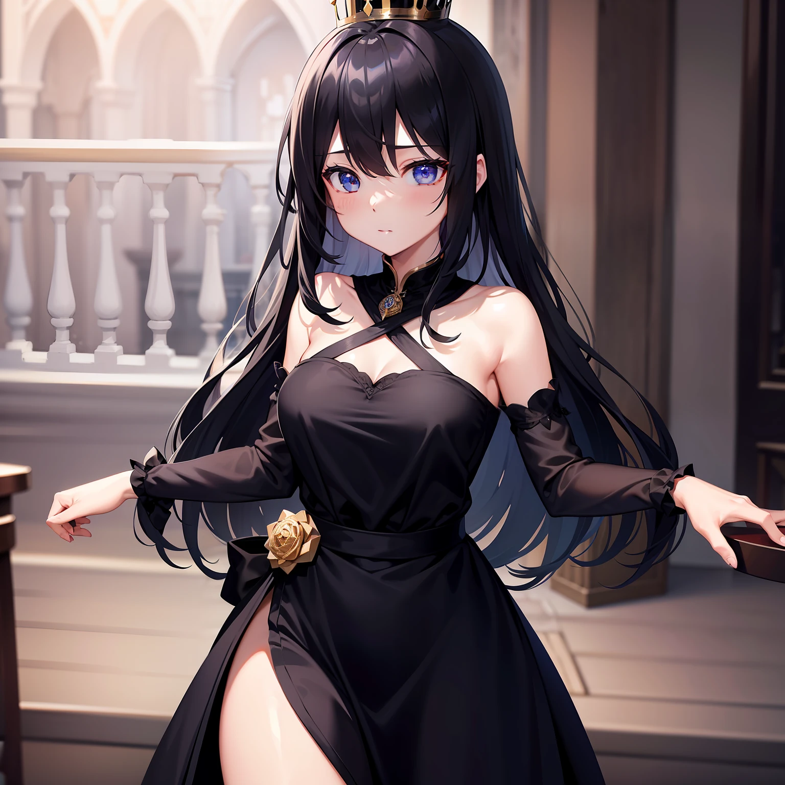 The girl wore a black dress,With a crown on his head,At a dinner party。hyper HD,Lots of detail。