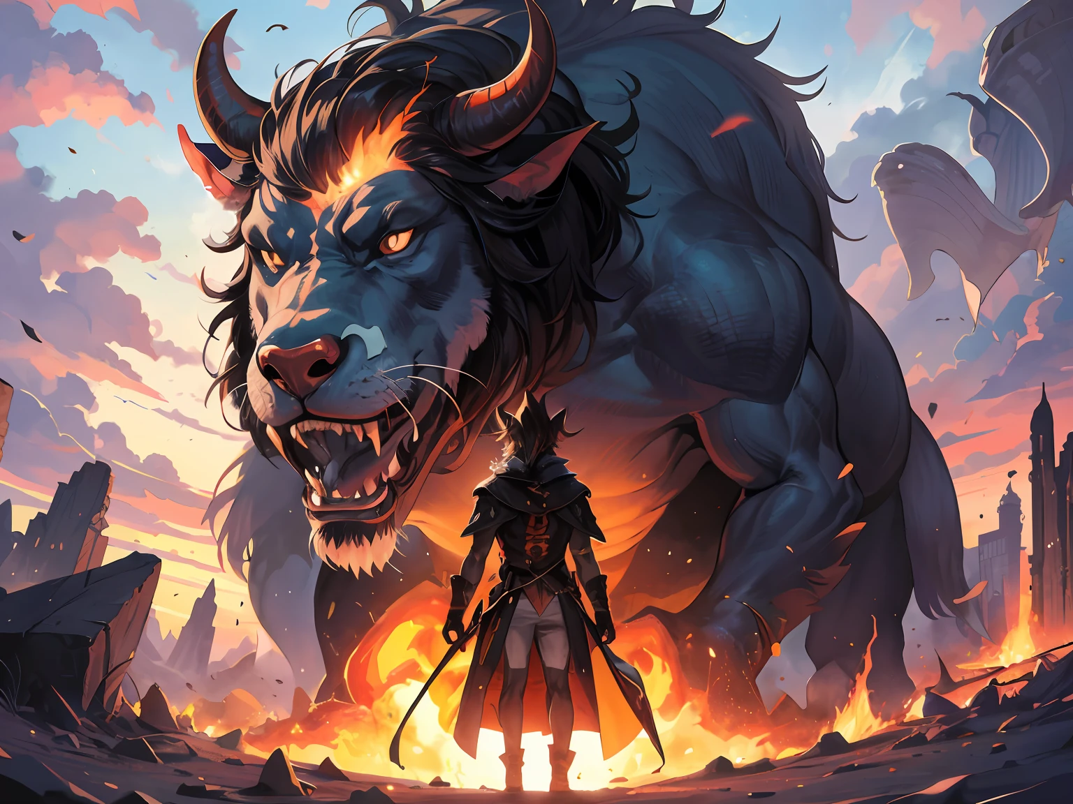 A creature appeared in the volcano, a giant beast, with the shape of an ox, a human body, fierce