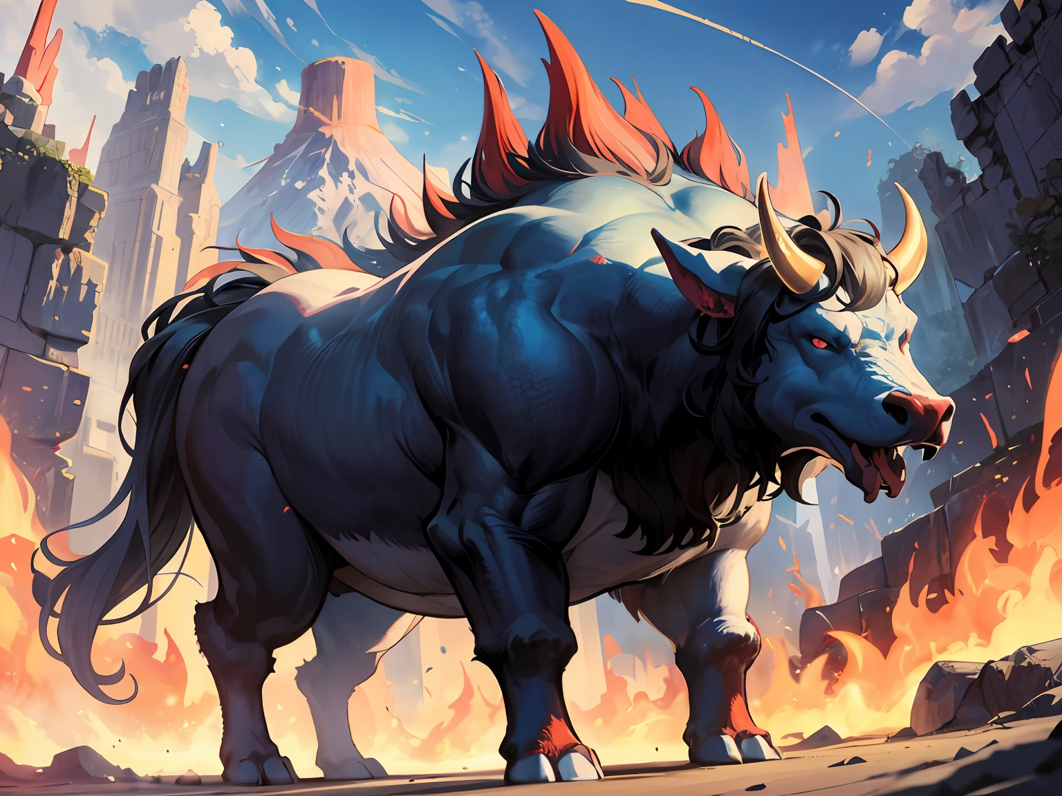 A creature appeared in the volcano, a giant beast, with the shape of an ox, a human body, fierce