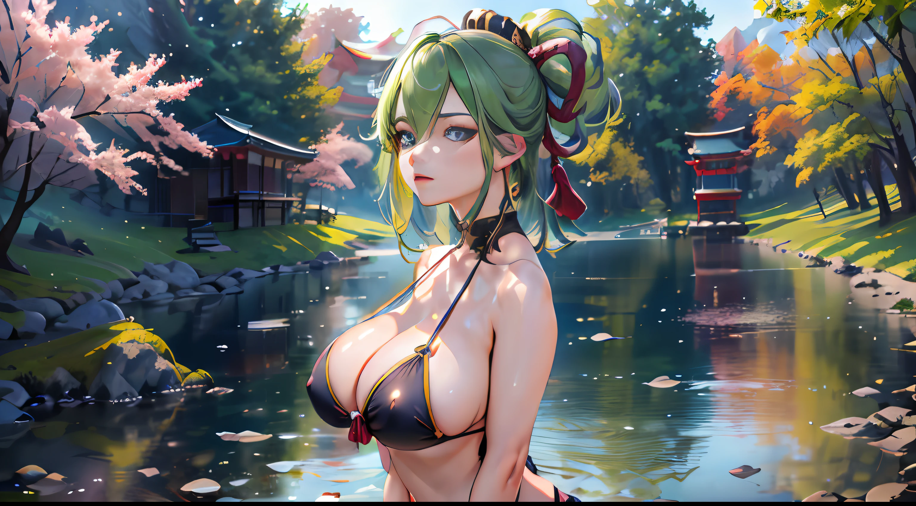 (NSTDA.:1.2), (10, beste-Qualit, master-piece: 1.4), ultra-high resolution, (lifelike, photorealistic portrait: 1.48), 25 years old, Cute Girl, (See through the microcolor bikini beetle:1.11), Famous Japanese actors, gigantic breasts, Blue Eyes, Head tilt, cowboy shot, from the side, looking at the audience, expressionless, Beautiful lake, Zeiss 150mm F/ 2.8 Hasselblad, In Japanese shrines, Whole body, foot, Ultra-Wide Angle