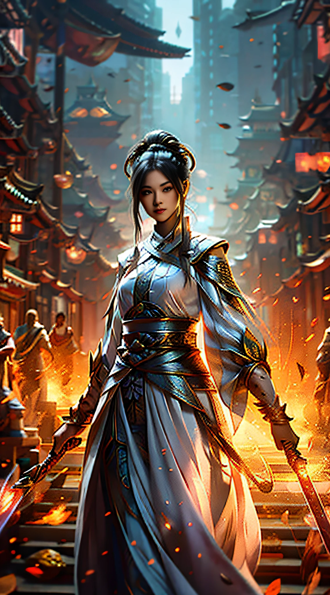 a woman in a long dress holding a sword in a city, alice x. zhang, by Yang J, chengwei pan on artstation, cgsociety and fenghua zhong, by Victor Wang, [ trending on cgsociety ]!!, inspired by Feng Zhu, dawn cgsociety, by Jeremy Chong, inspired by Fenghua Zhong, by Zhou Fang