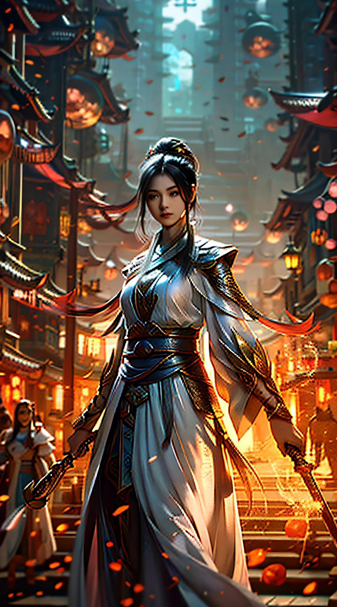 a woman in a long dress holding a sword in a city, alice x. zhang, by Yang J, chengwei pan on artstation, cgsociety and fenghua zhong, by Victor Wang, [ trending on cgsociety ]!!, inspired by Feng Zhu, dawn cgsociety, by Jeremy Chong, inspired by Fenghua Zhong, by Zhou Fang