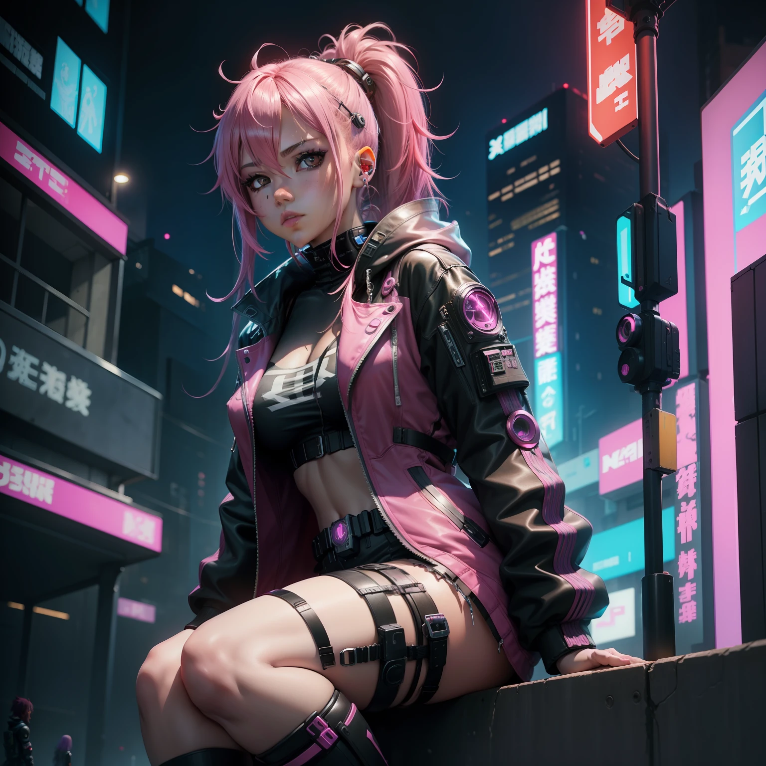 Pink hair woman sitting on wall、anime cyberpunk art、cyberpunk anime art、Female Cyberpunk Anime Girl、cyberpunk anime girl、dreamy cyberpunk girl、cyber punk Girl、anime cyberpunk、cyberpunk beautiful girl、digital cyberpunk anime art、a teen cyberpunk cyborg、neonpunk、Young Woman Cyborg、High-quality cyberpunk art、modern cyberpunk anime