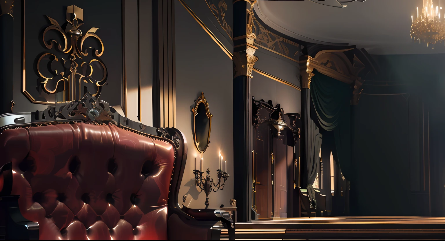 There is a sumptuous armchair (cadeira) de tonalidade avermelhada (couro) e madeira entalhada e envernizadas, detailed cinematic render, detailed lighting and textures, Room in two environments of Gothic mansion, um ambiente mais elevado (A large empty hall) detailed textures and lighting, renderizado no Unreal Engine 6, Quarto Vitoriano, art nouveau octane render, renderizado em unreal 5, Renderizado em 8 K Unreal Engine, high detail 8 k render, high detail 8k render, detailed cinematic shot, 8k, Foto RAW, melhor qualidade, master part: 1.2, detalhes intrincados, ultra high-resolution), (Realistic), sala em dois ambientes, in the highest room a sumptuous empty hall, spacious, like a ballroom, castelo, with the floor all clad in greenish jade or marble, smooth and shiny floor, empty hall with imposing columns and oval ceiling, Concave ceiling, lustre suntuoso no canto, em primeiro plano (o segundo ambiente) a suntuosa poltrona vazia ao lado de um candelabro, Gothic armchair, antiga, hiper detalhada, Beautiful empty armchair below the sumptuous hall and below a stylized silver skull on the wall, Arte Oficial, High level, DESIGN DE INTERIORES, uma sala ultra realista, ampla, bem grande, Spacious, como uma igreja, Location: Sombrio, Velas (candlelit), sentimentos paranormais, anamorphic lens, night time, lugar assombrado, raios de deus, feixes de luz das janelas, obra-prima, 8k.