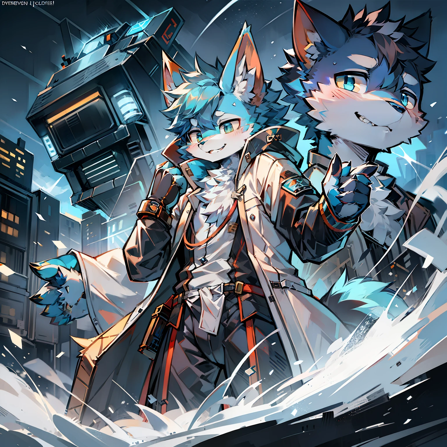 Cybermetropolis，Thunder，drifting snow，Male mechanical blue cat，Chinese trench coat，firmament，shoun