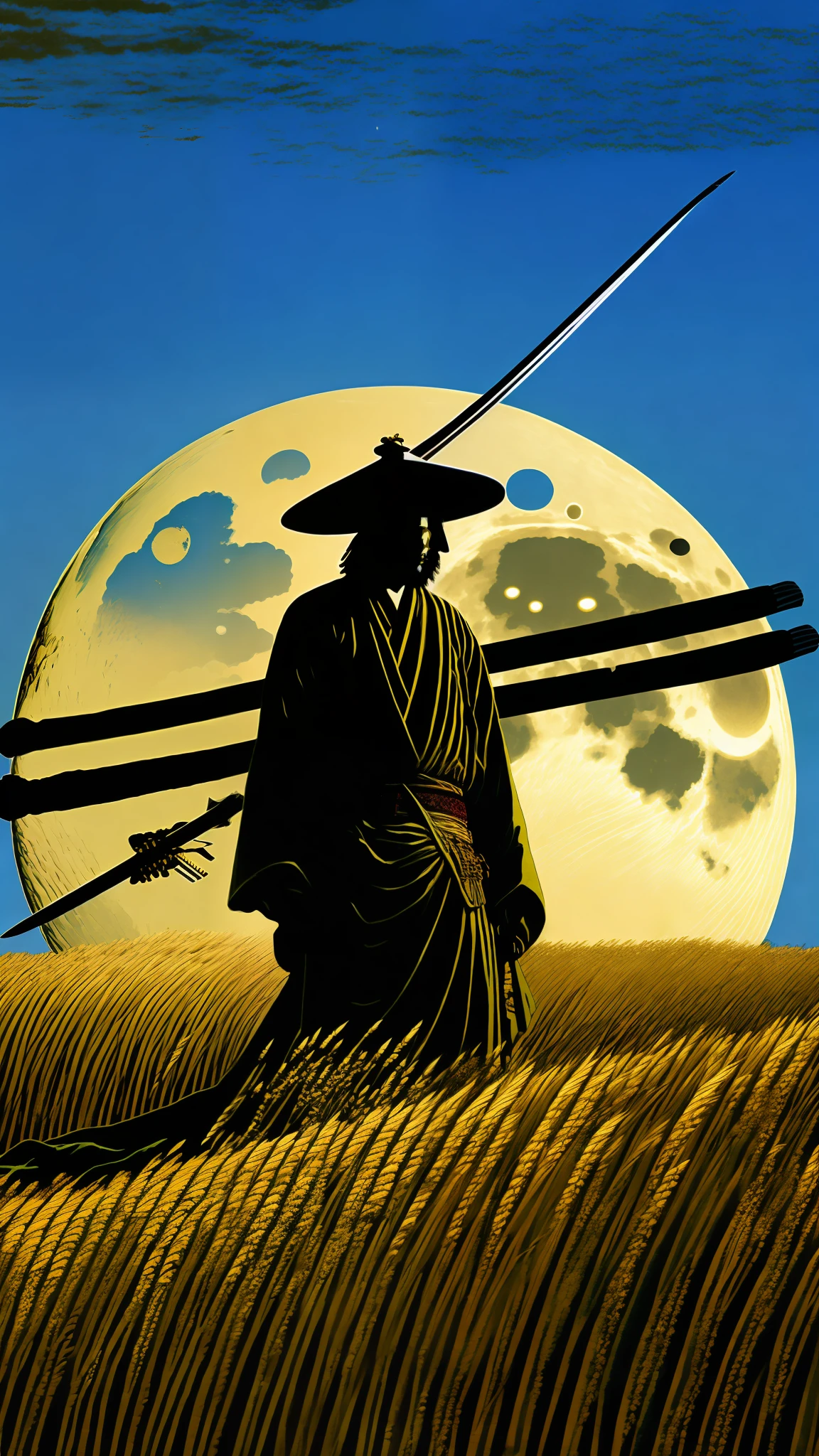 Miyamoto Musashi in a high-definition wheat field against the light showing only his silhouette wielding katana at dawn with the big moon in the sky