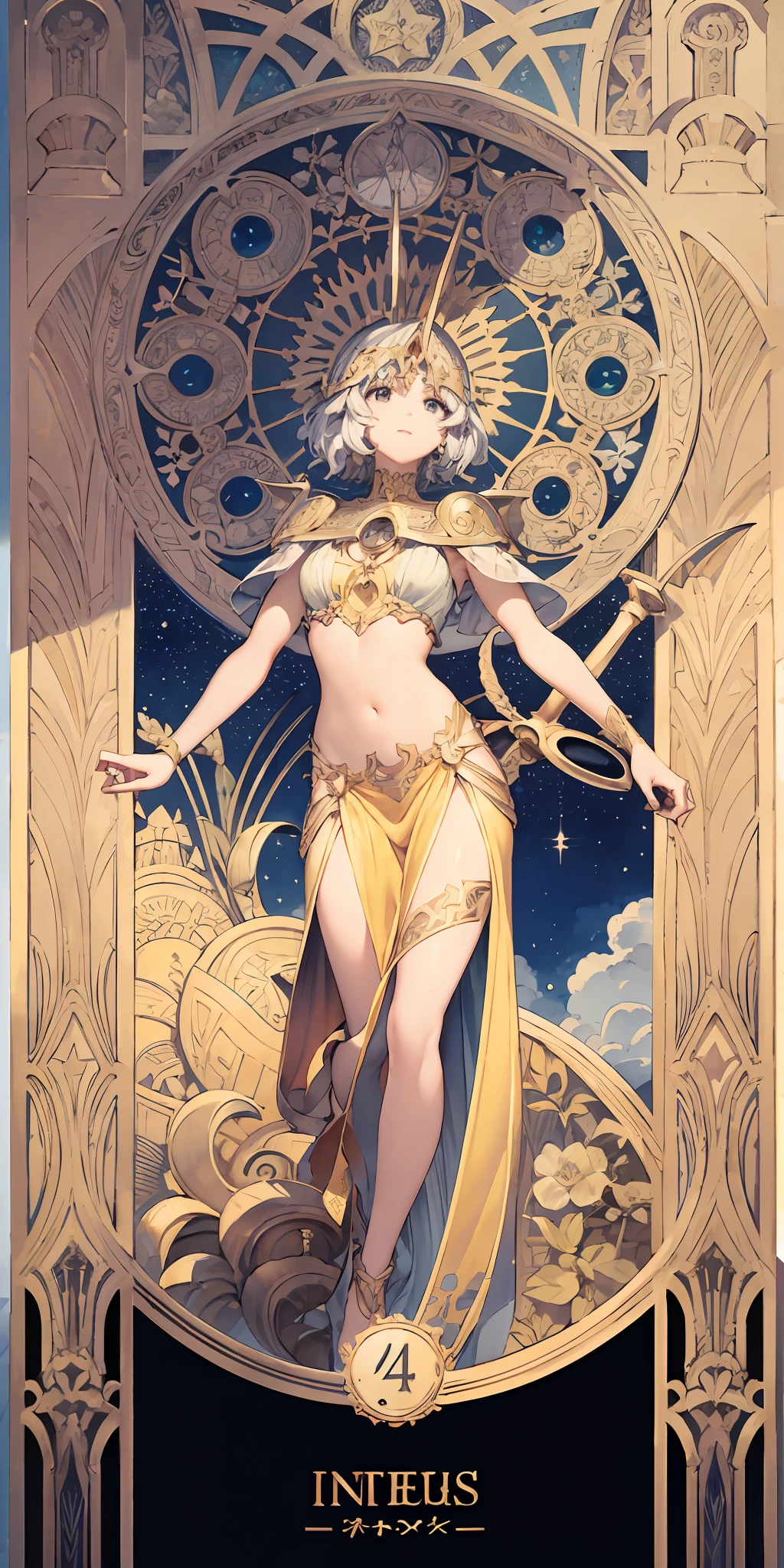 Themis,Goddess of criminal law,august,Short hair,Hold the balance,Hold a sword,Flower frame,Decorative panels, abstract artistic, Alphonse Mucha (tmasterpiece, best qualtiy, A high resolution: 1.4), A detailed, Complicated details, 4K, Color splattering, Line art, Fibonacci, starrysky, natta, exteriors, Clouds, Reflectors, Eau, magick, (tarot cards),Cards, ((beautiful golden crystal star)) buliding, palaces, Patterned, Sumeru, Clouds, themoon