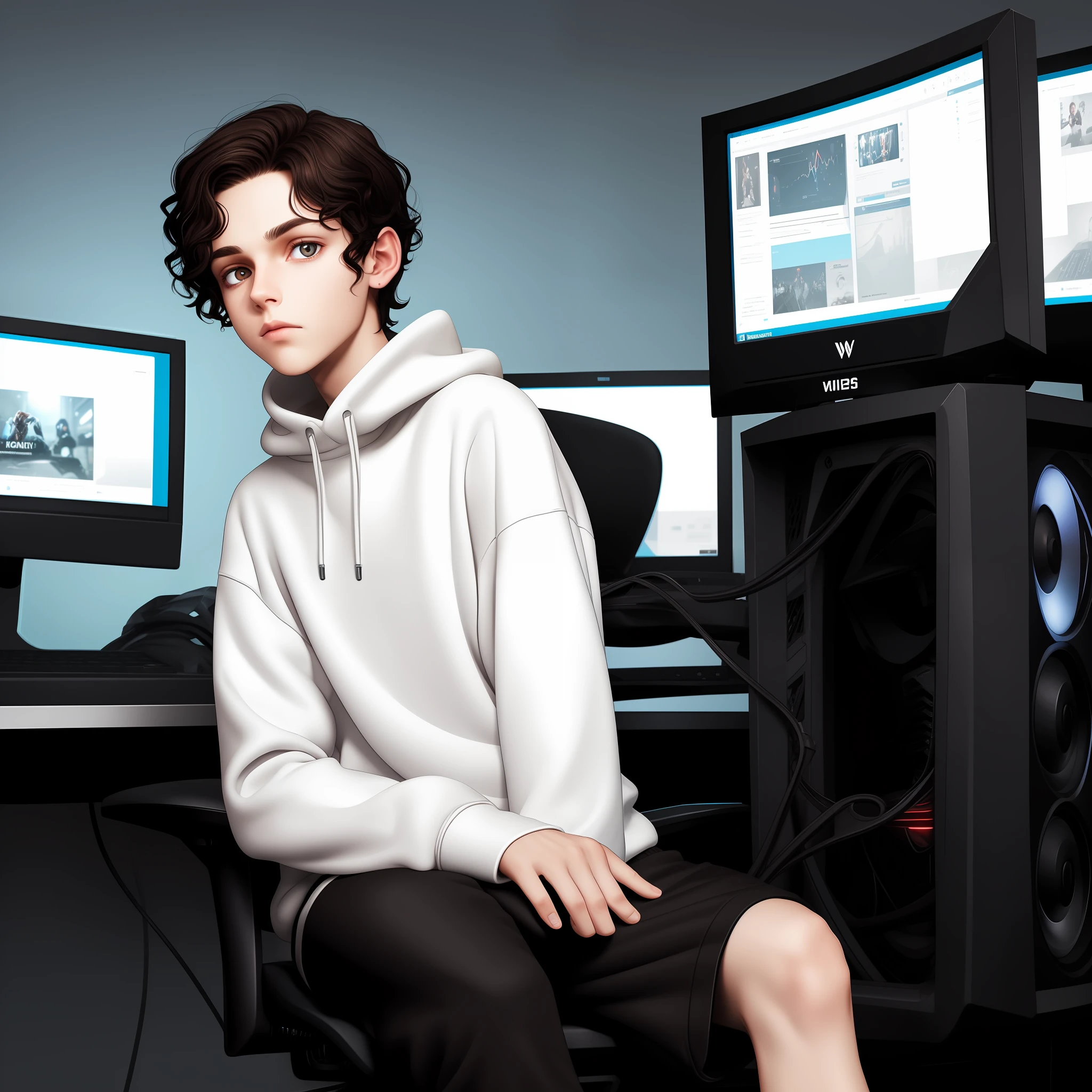 1 boy,Sit in front of a gaming computer,Dark brown eyes, Short wavy black hair,Wear a white sweatshirt、black sweatpants