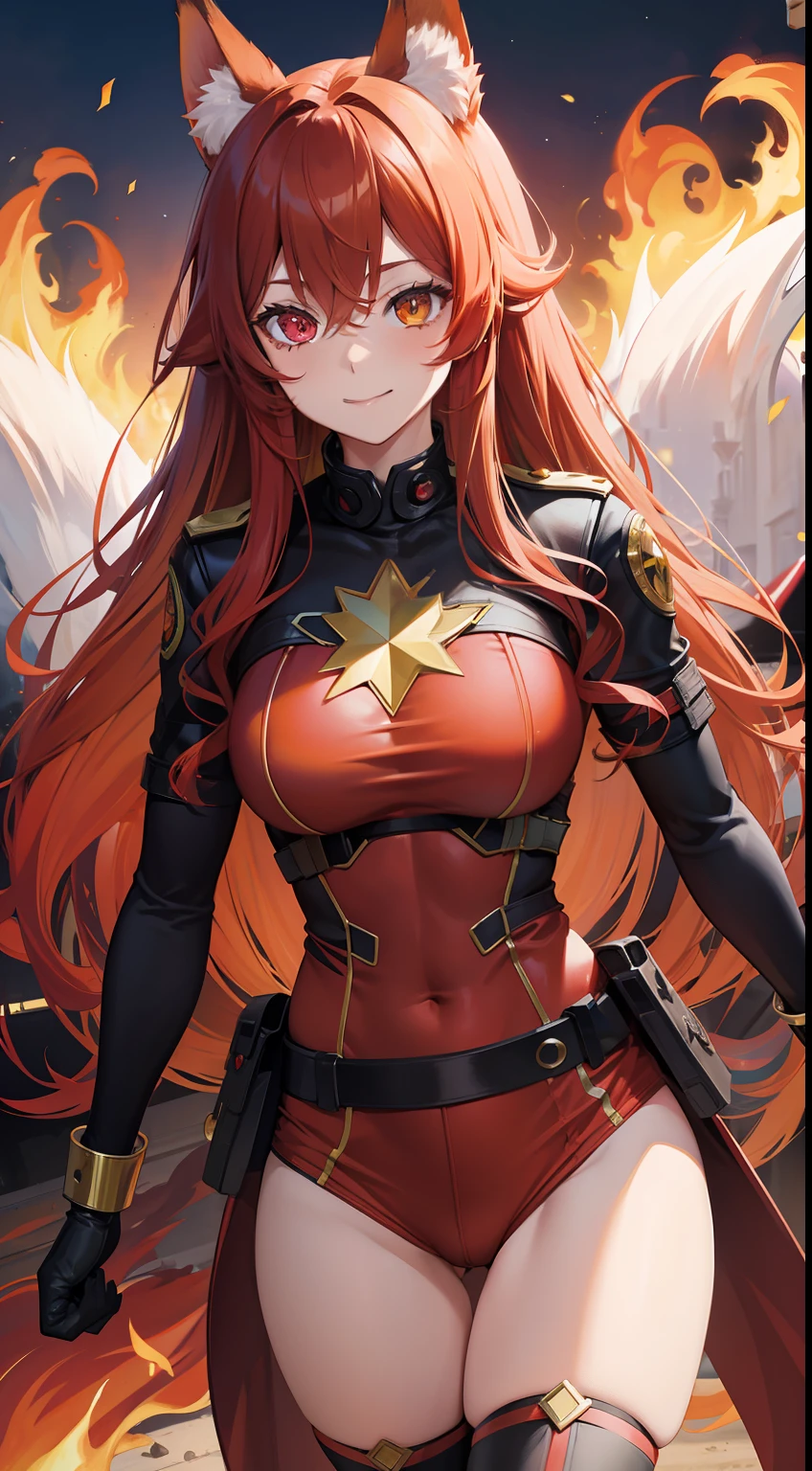 Adult woman, long red curly hair, Heterochromia, red and yellow eyes, fox ears and tails, Superhero Uniform Red, open thighs, ssmile, fire, Masterpiece, hiquality
