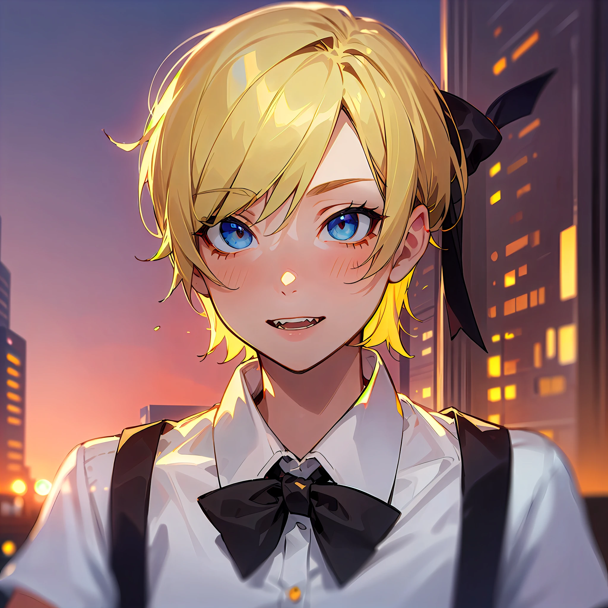 (boy, The upper part of the body, Detailed eyes, eBlue eyes, Back hand, Short yellow hair, white short sleeve shirt, Black bow tie, City, Dusk, Sunset, The face is calm, The mouth is slightly open, Shark teeth)