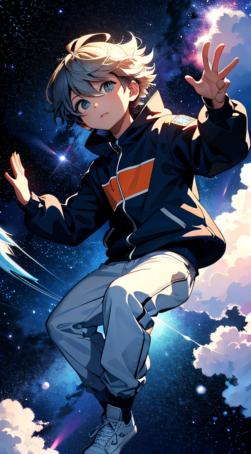 high-definition picture quality，super-fine，Boy floating in space，The starry sky twinkles，Big Blue Cloud。