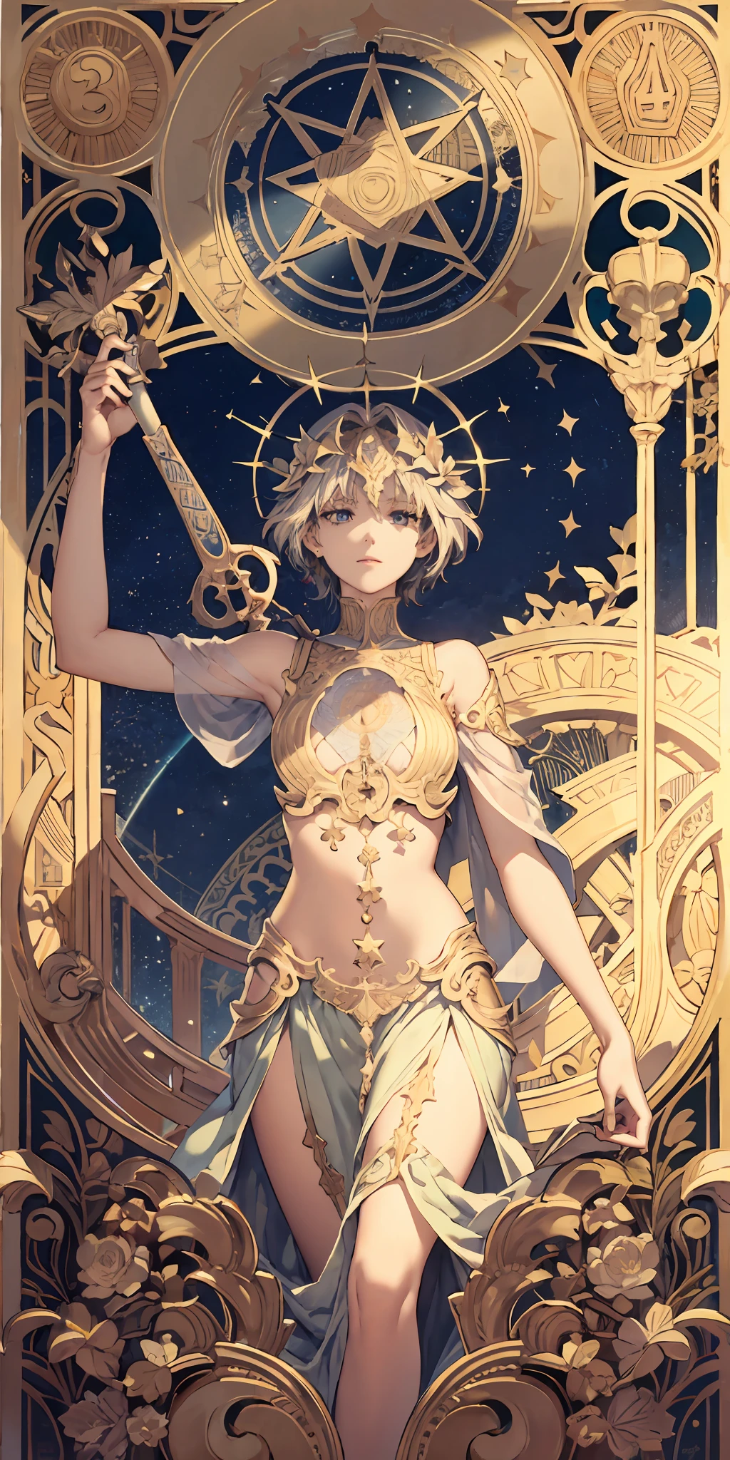 Themis，Goddess of criminal law，august，Short hair，Hold the balance，Hold a sword，Flower frame，Decorative panels， abstract artistic， Alphonse Mucha （tmasterpiece， best qualtiy， A high resolution： 1.4）， A detailed， Complicated details， 4K， Color splattering， Line art， Fibonacci， starrysky， natta， exteriors， Clouds， Reflectors， Eau， magick， （tarot cards），Cards， （（beautiful golden crystal star）） buliding， palaces， Patterned， Sumeru， Clouds， themoon