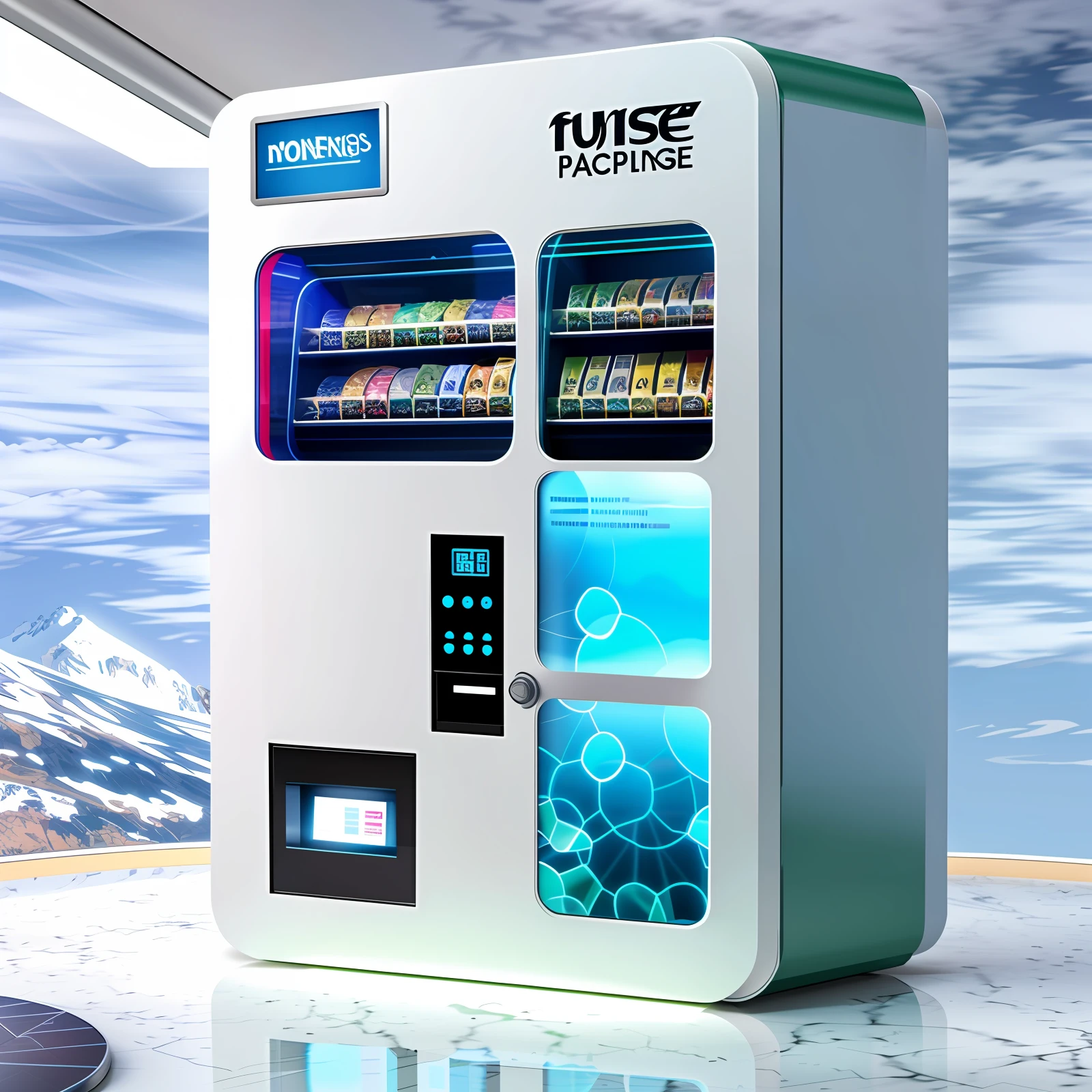 vending machines， In the upper left corner is the monitor panel， The three compartments on the right are product display cases，In the lower left corner is a glass panel for picking，The fuselage graphic design is the mainstay