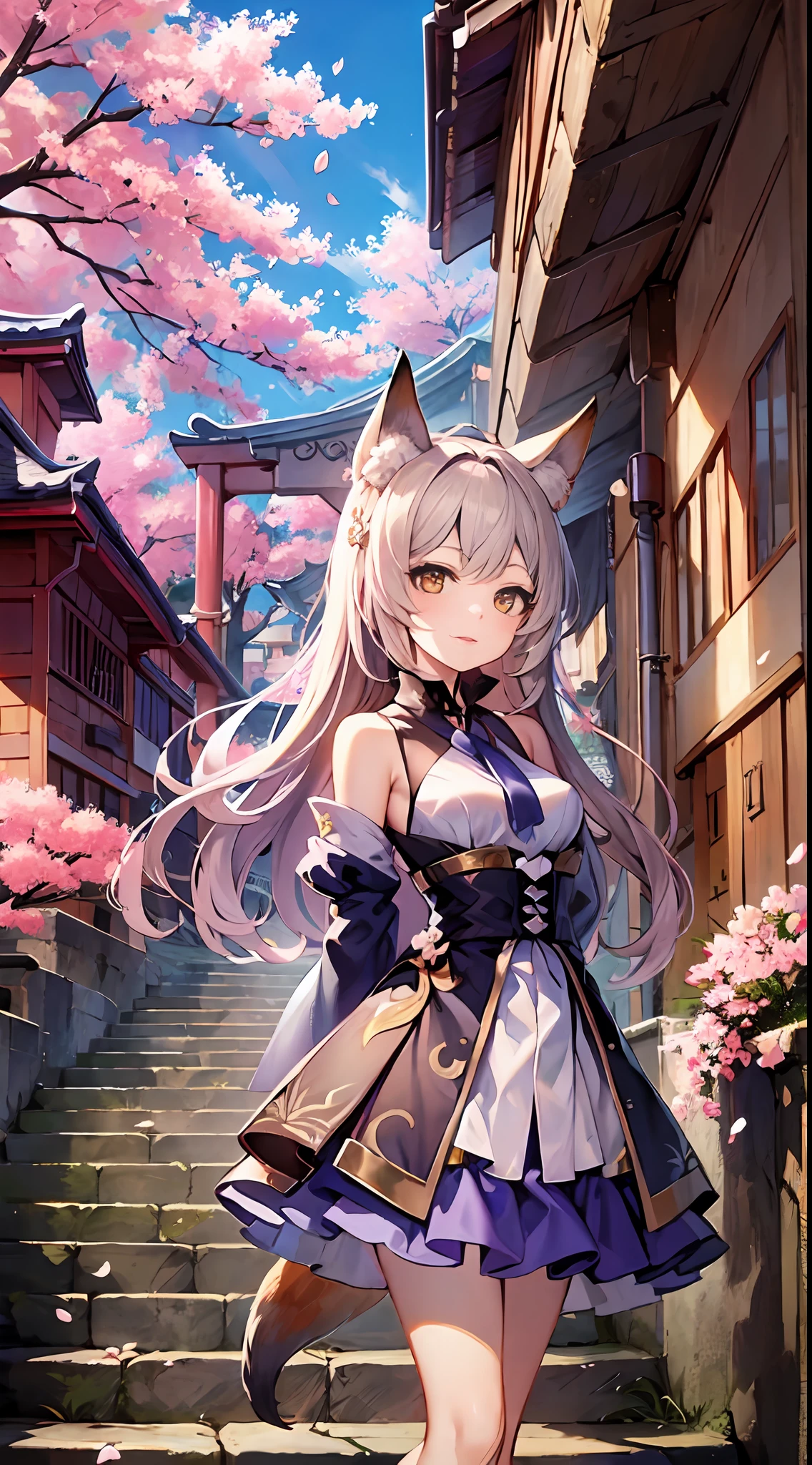masterpiece, best quality, 1girl, yellow eyes, medium hair, stairs, cherry blossoms, temple, fox girl, detached sleeves, animal ears, happy, arms behind back,