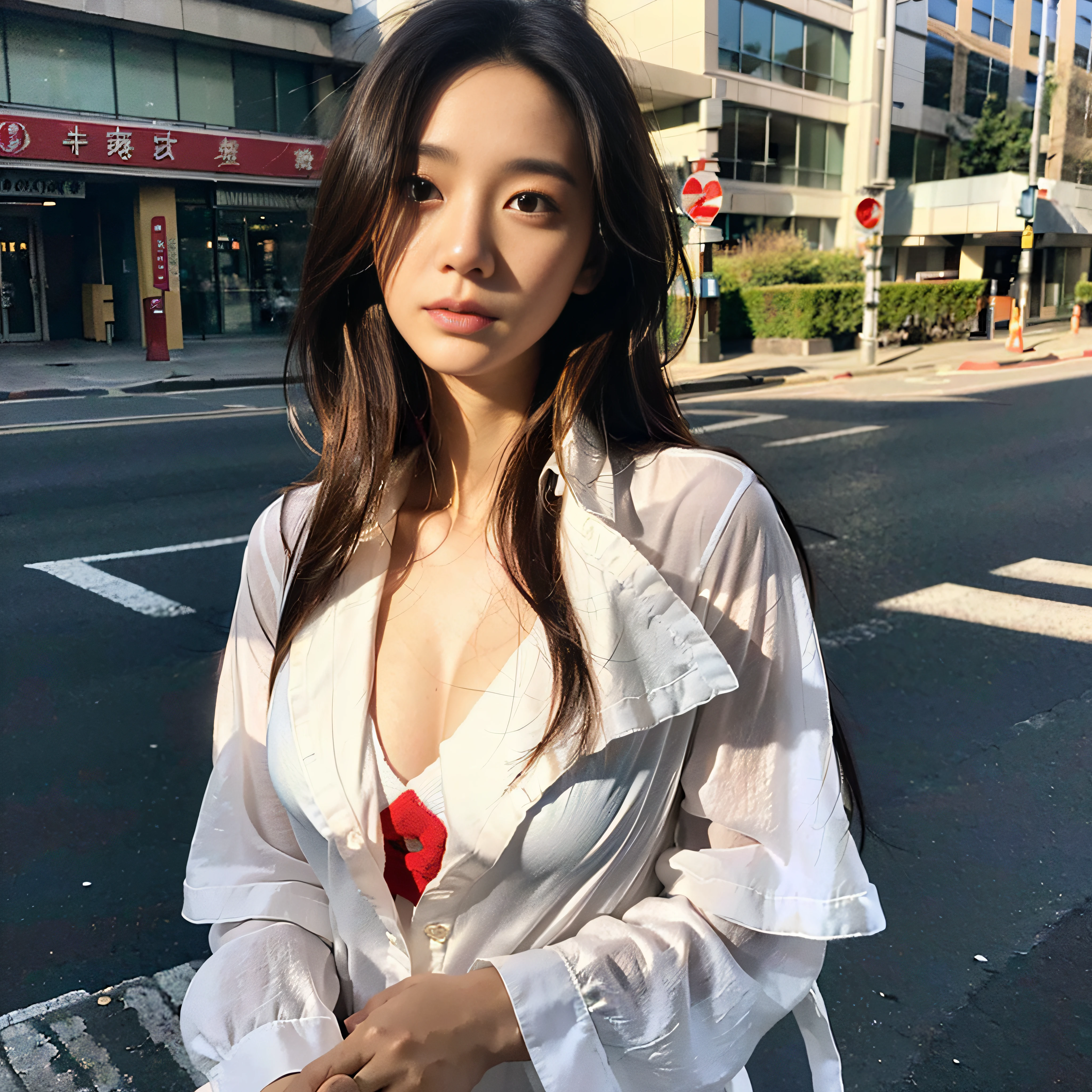 ((top-quality、8K、​masterpiece:1.3))、sharp:1.2、fish-eye lens、photoRealstic:1.30、Emotional Scenes、22 year old beautiful woman crossing pedestrian crossing、Back lighting、f lare、Particles of light、the wind、Hair fluttering in the wind、(Sateen、a street:1.2)、Light fragments、Brown semi-long hair、lensflare、back lighting、Detailed skin、Detailed hair、Perfect Body Beauty:1.4、((Layered Hair Style、breastsout:1.2))、(Wet white button long shirt:1.1)、Wetty:1.8、Highly detailed facial and skin texture、finely eye、二重まぶた、