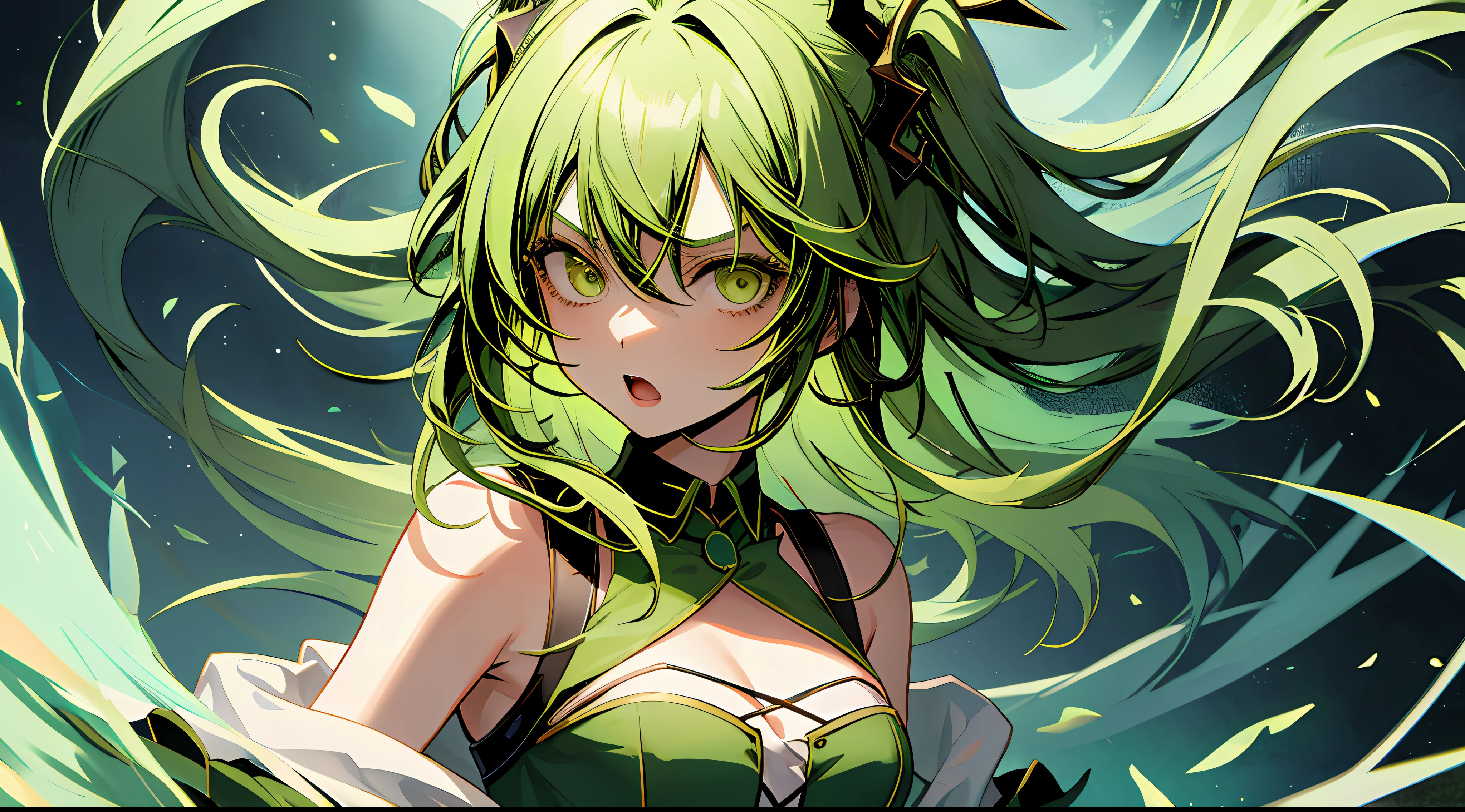 1girl in, Upper body, light green hair, Gumi,Dark look,Serious