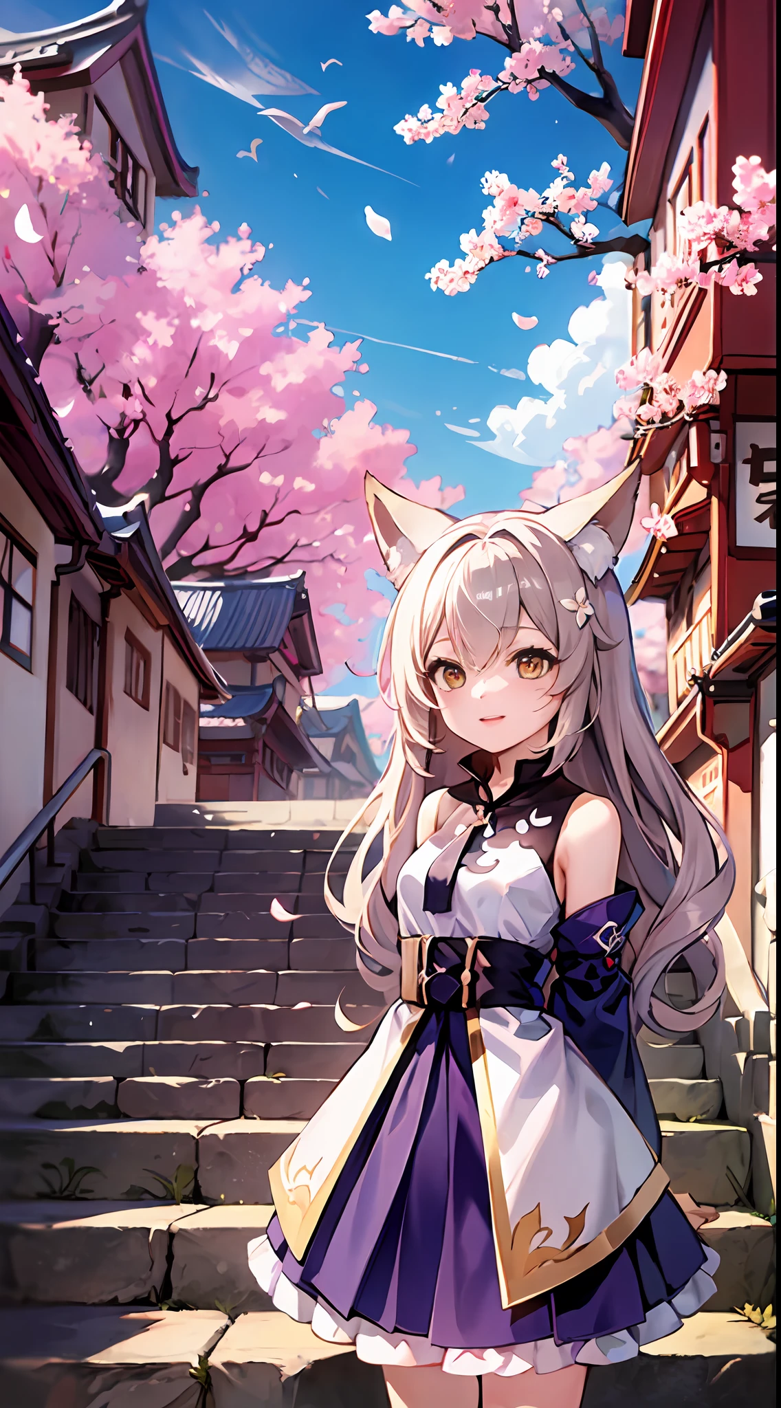 masterpiece, best quality, 1girl, yellow eyes, medium hair, stairs, cherry blossoms, temple, fox girl, detached sleeves, animal ears, happy, arms behind back,