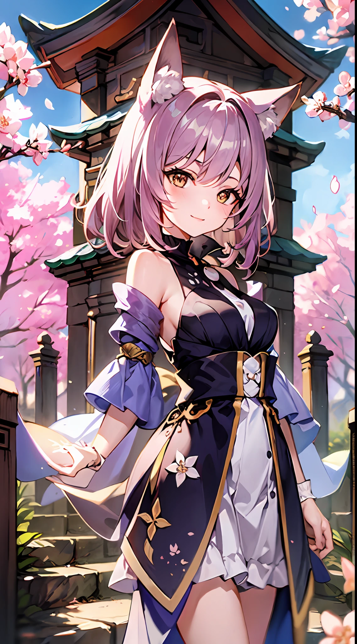 masterpiece, best quality, 1girl, yellow eyes, medium hair, stairs, cherry blossoms, temple, fox girl, detached sleeves, animal ears, happy, arms behind back,