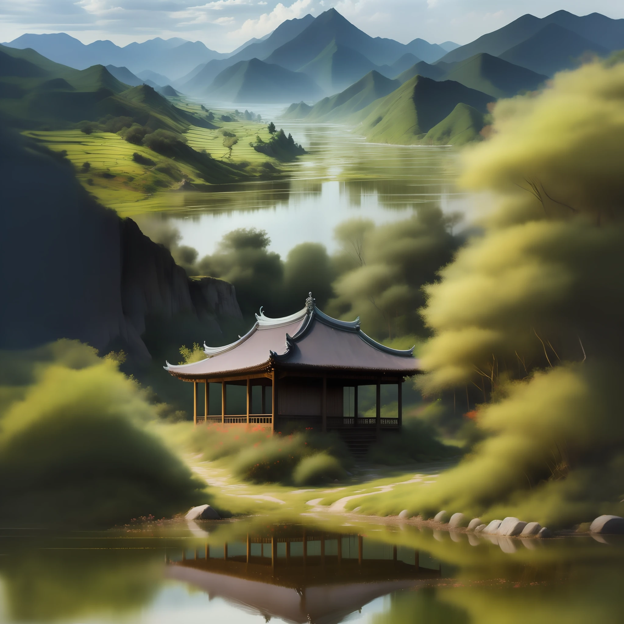 Mountains and forests，springtime，Mountains, Rocks, ln the forest, Great river，Smoke and rain Gangnam，Pavilion Palace，Rain is everywhere，Clouds fluttering，Photorealsitic，Wonderland is ethereal，Chinese classical，Magnificent palace，Gazebo on the edge of the sky，Ethereal Pavilion，