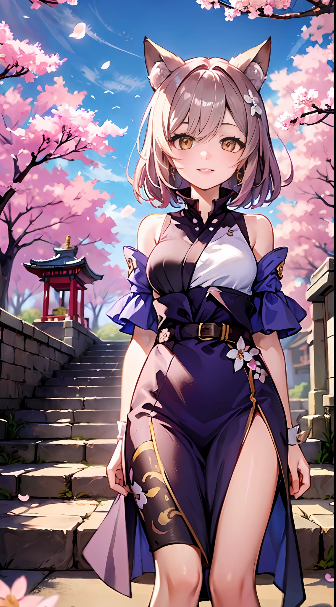 masterpiece, best quality, 1girl, yellow eyes, medium hair, stairs, cherry blossoms, temple, fox girl, detached sleeves, animal ears, happy, arms behind back,