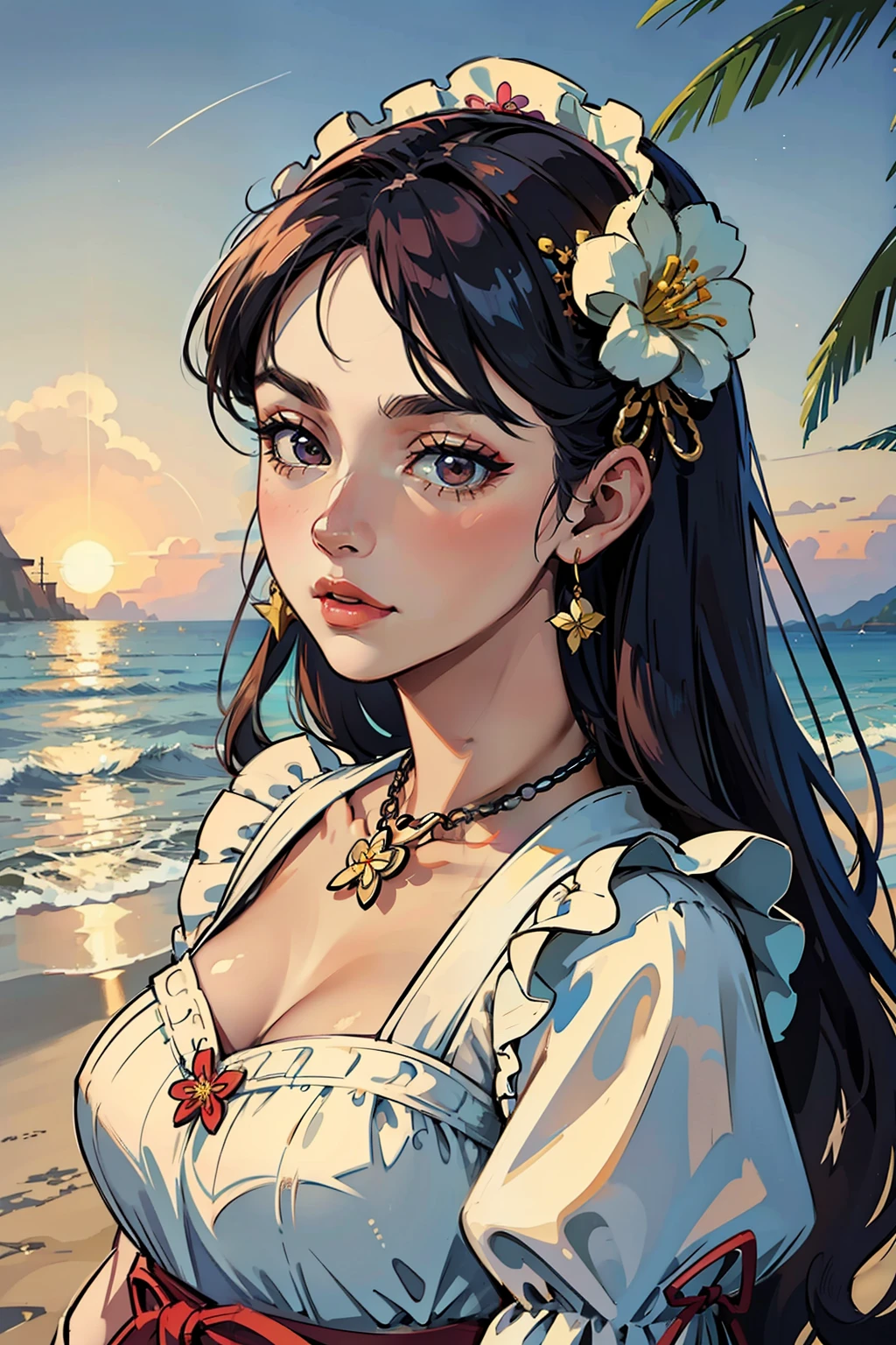 Beautiful older sister dressed beautiful ta on the beach,She wears a beautiful flower on her head,Hang beautiful jewelry around your neck,Makeup with stars on the face,The image of a beautiful woman is one of the classical Chinese styles