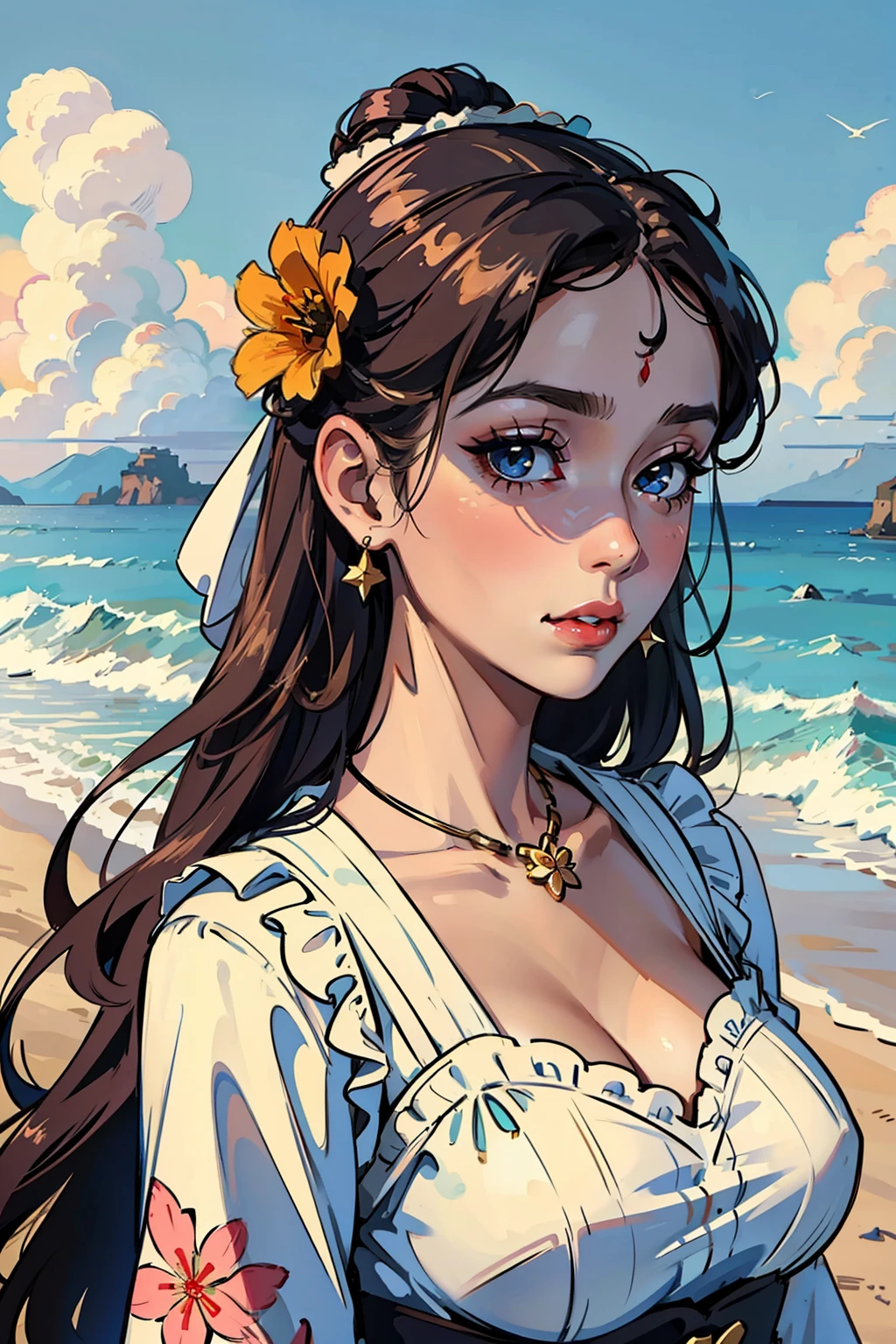 Beautiful older sister dressed beautiful ta on the beach,She wears a beautiful flower on her head,Hang beautiful jewelry around your neck,Makeup with stars on the face,The image of a beautiful woman is one of the classical Chinese styles