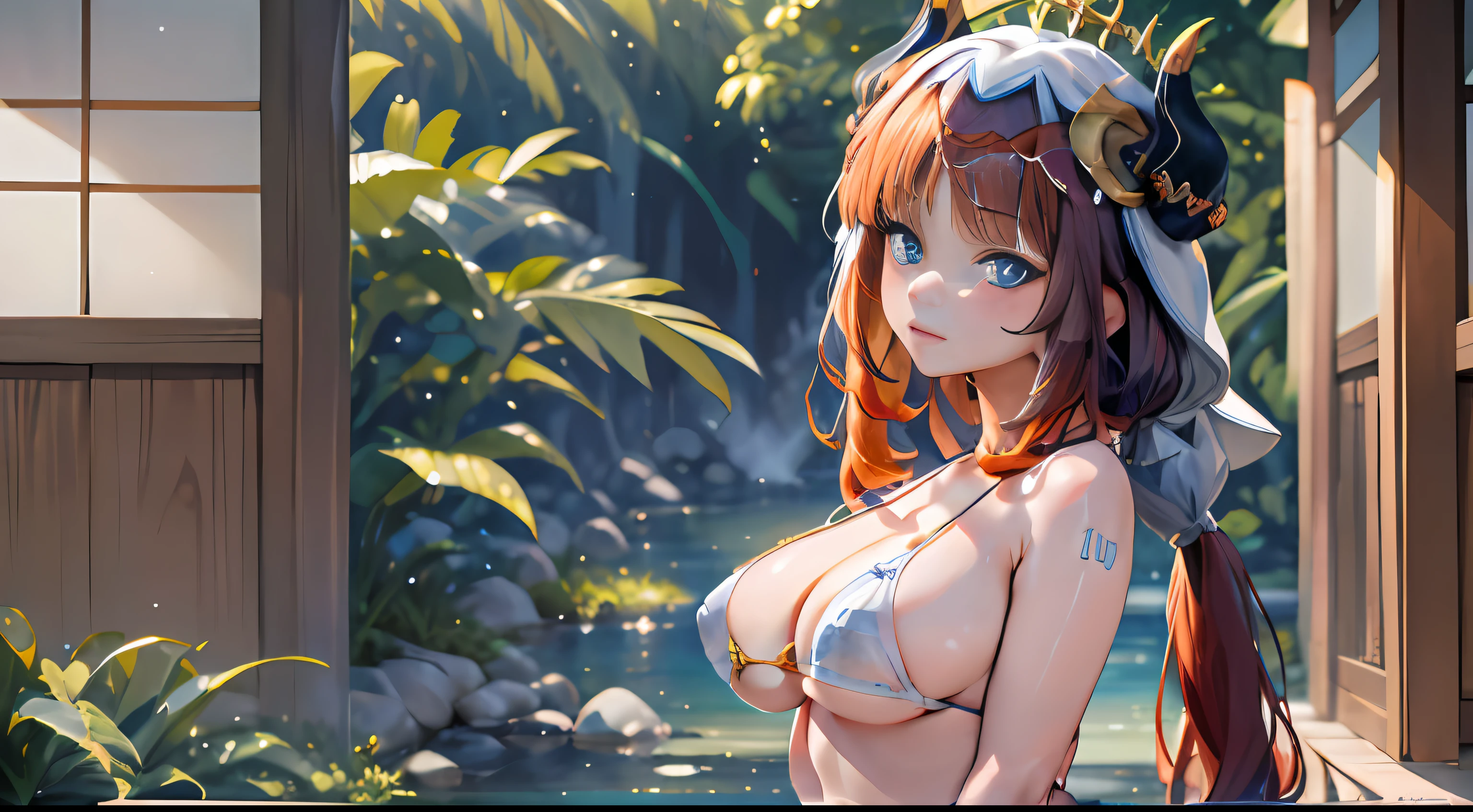 (NSTDA.:1.2), (10, beste-Qualit, master-piece: 1.4), ultra-high resolution, (lifelike, photorealistic portrait: 1.48), 25 years old, Cute Girl, (See through the microcolor bikini beetle:1.11), Famous Japanese actors, gigantic breasts, Blue Eyes, Head tilt, cowboy shot, from the side, looking at the audience, expressionless, Beautiful lake, Zeiss 150mm F/ 2.8 Hasselblad, In Japanese shrines, Whole body, foot, Ultra-Wide Angle
