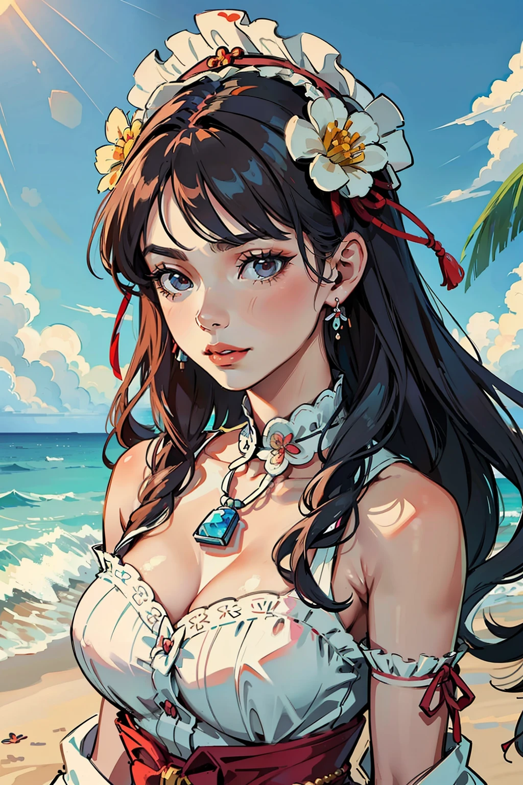 Beautiful older sister dressed beautiful Lolita on the beach，She wears a beautiful flower on her head，Hang beautiful jewelry around your neck，The image of a beautiful woman is one of the classical Chinese styles，Whole body diagram