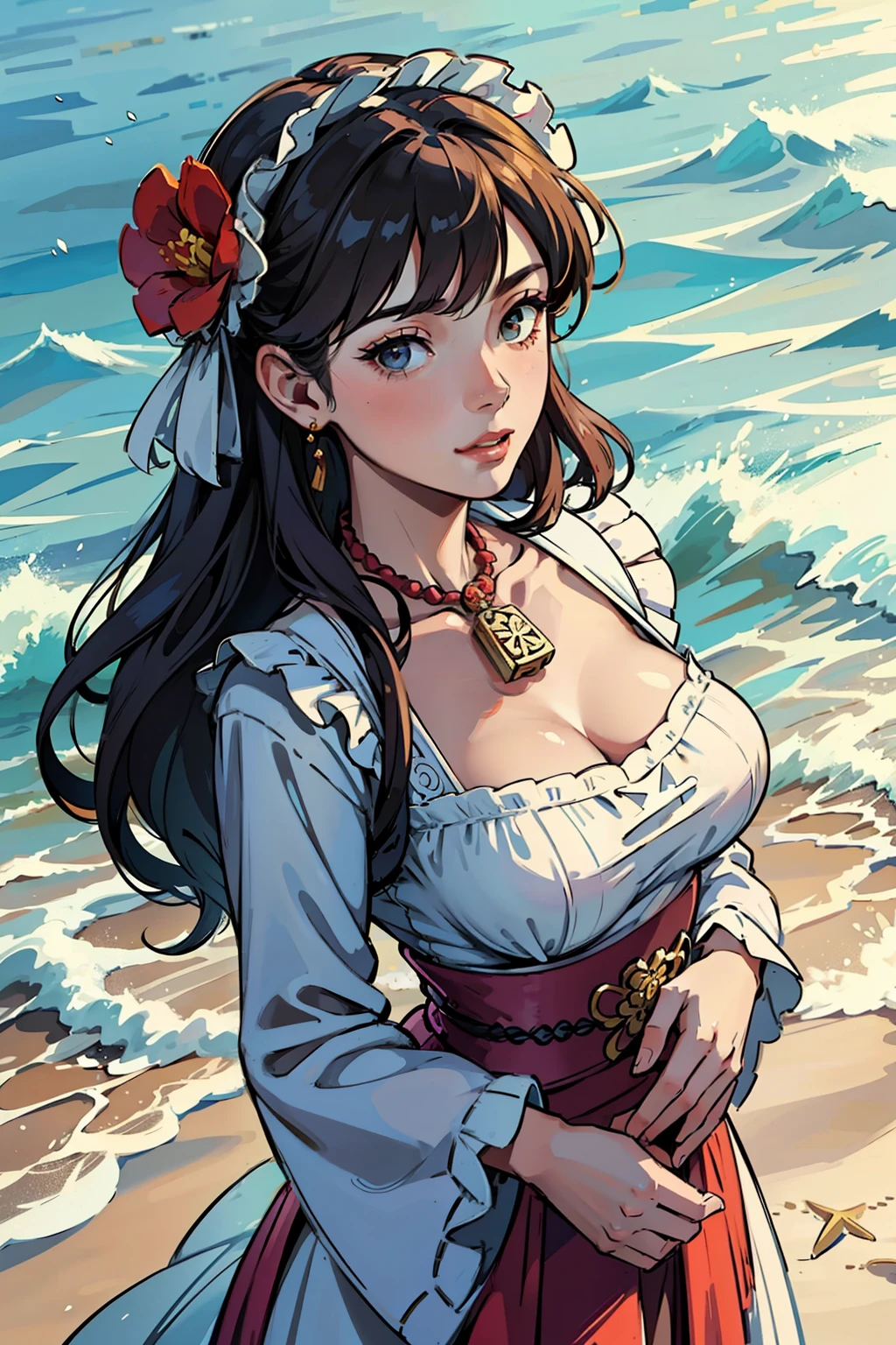 Beautiful older sister dressed beautiful ta on the beach,She wears a beautiful flower on her head,Hang beautiful jewelry around your neck,The image of a beautiful woman is one of the classical Chinese styles,Whole body diagram