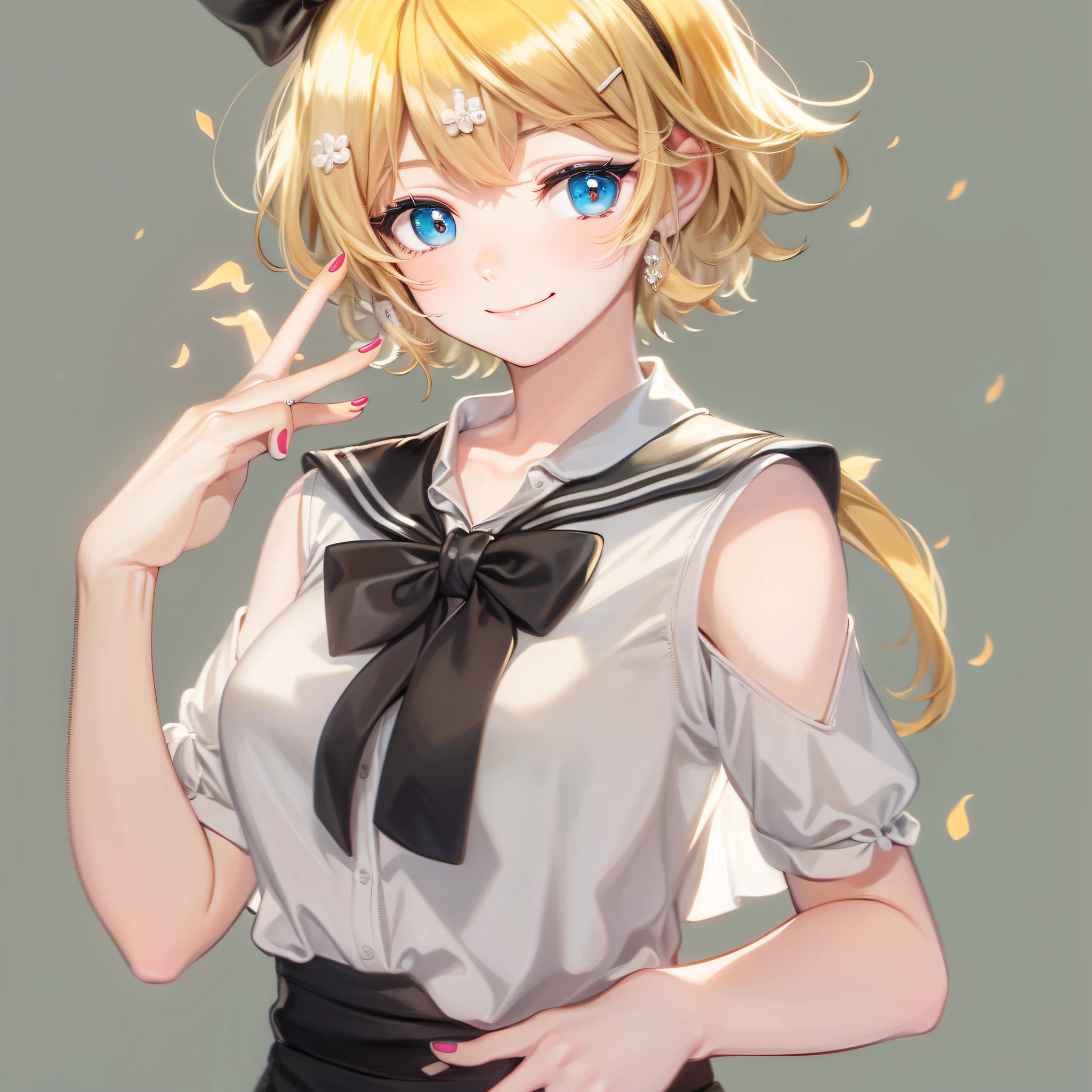 masterpiece, best quality, kagamine rin, 1girl, solo, ((hands behind back)), yellow hair, outdoors,hair ornament, light smile, hairclip, blue eyes, looking at viewer, sailor collar, short hair, yellow neckerchief, neckerchief, bow, upper body, hair bow, shirt, bangs, sleeveless, yellow nails, black sailor collar, white shirt, sleeveless shirt, swept bangs, nail polish, treble clef, closed mouth, grey background, black bow, hand up, simple background