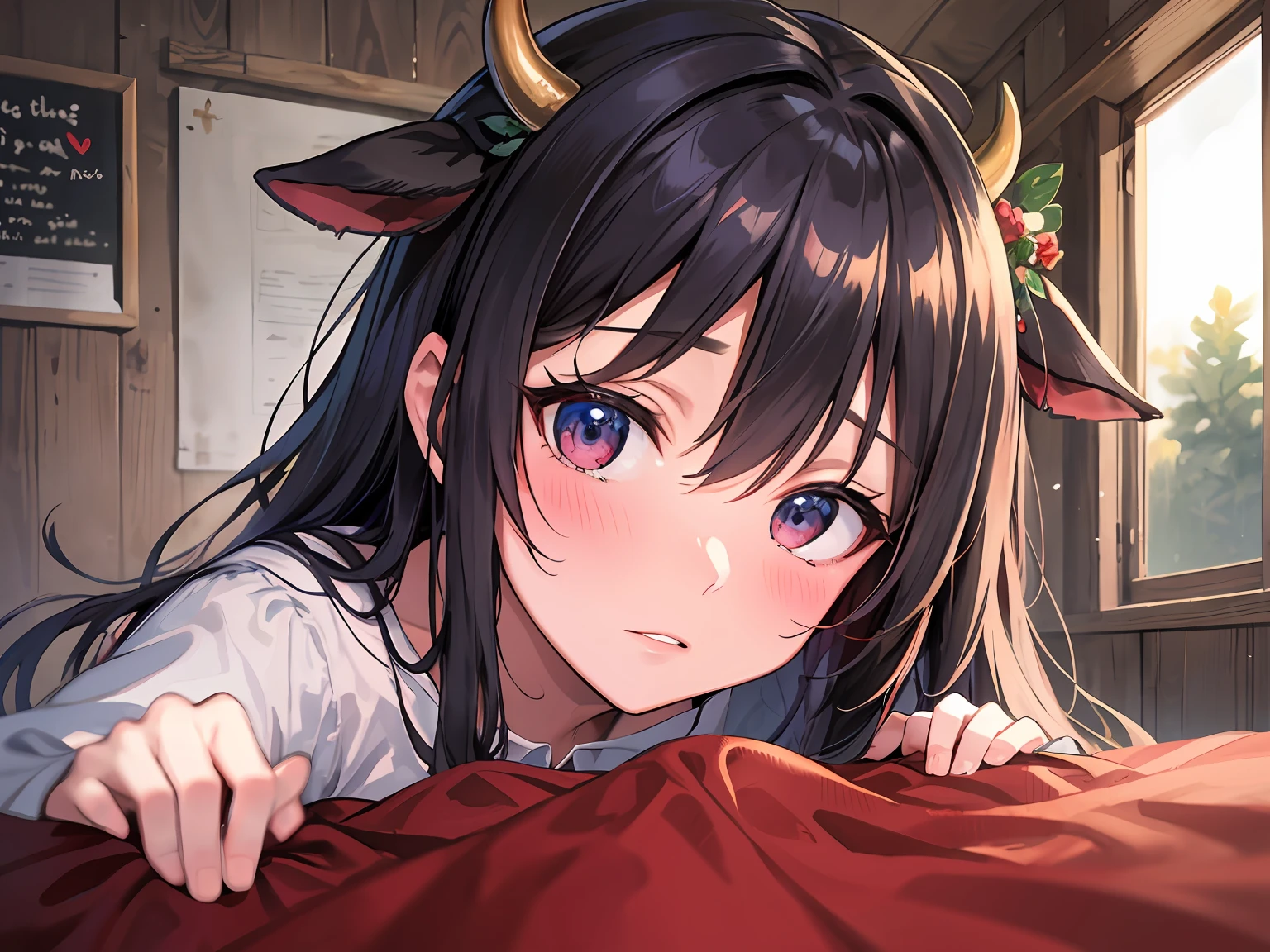 The cow saw the red cloth, blushed sharply, and rushed over