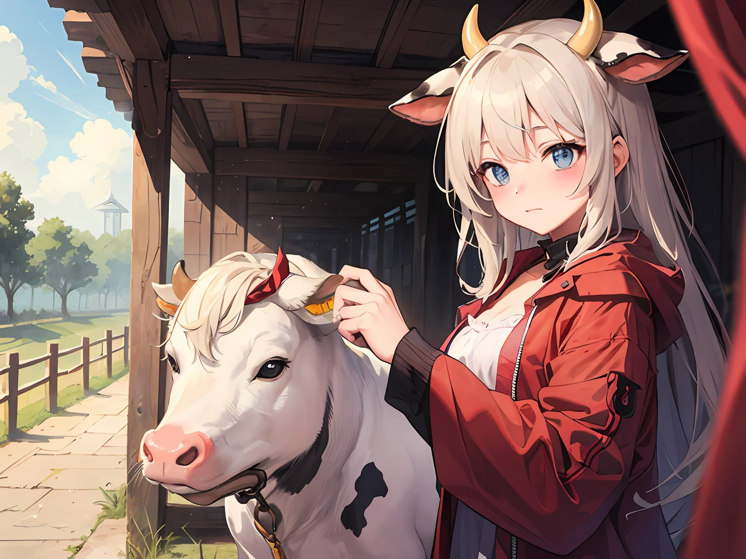 The cow saw the red cloth, blushed sharply, and rushed over
