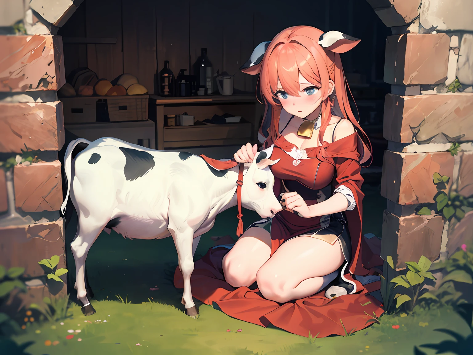 The cow saw the red cloth, blushed sharply, and rushed over