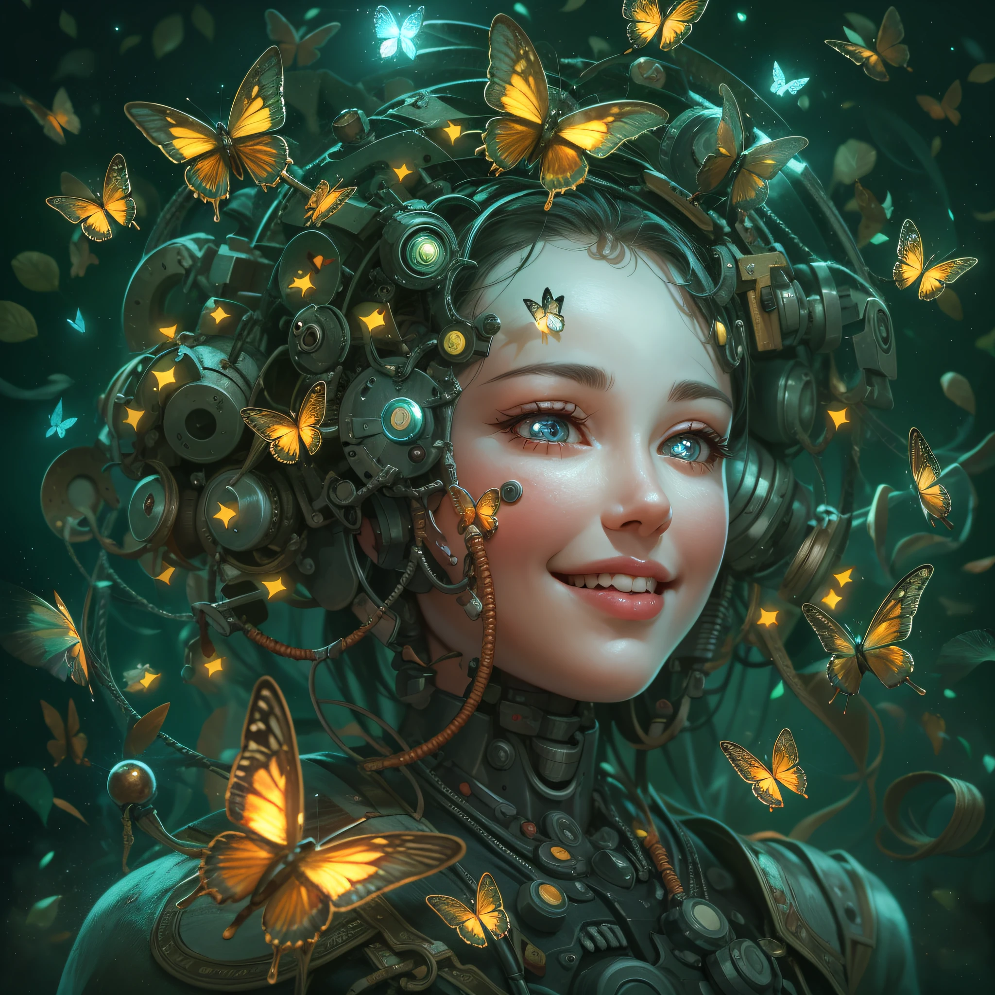 Realistic. whimsical surreal scene. smiling young cyber mechanical woman face as matroska doll nesting surrounded by friendly lovable fireflies and butterflies.