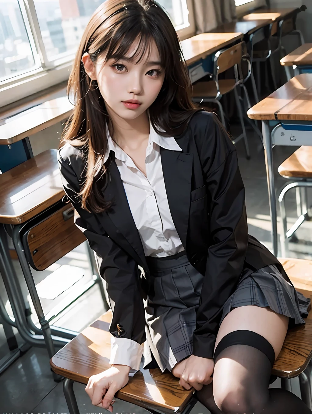 Masterpiece, Best Quality, Ultra Detailed, Illustration, Colorful, FAQ Color, Depth of Field, Lens Glow, 1girl, Hong Kong Beauty, Royal Sister Style, Sexy Style, Seated, Brunette Hair, Looking at the Audience, School, Classroom, Pleated Miniskirt, School Uniform, Serafuku, Black Pantyhose, Delicate Skin Texture, Fine Fabric Texture, Beautiful and Meticulous Face,