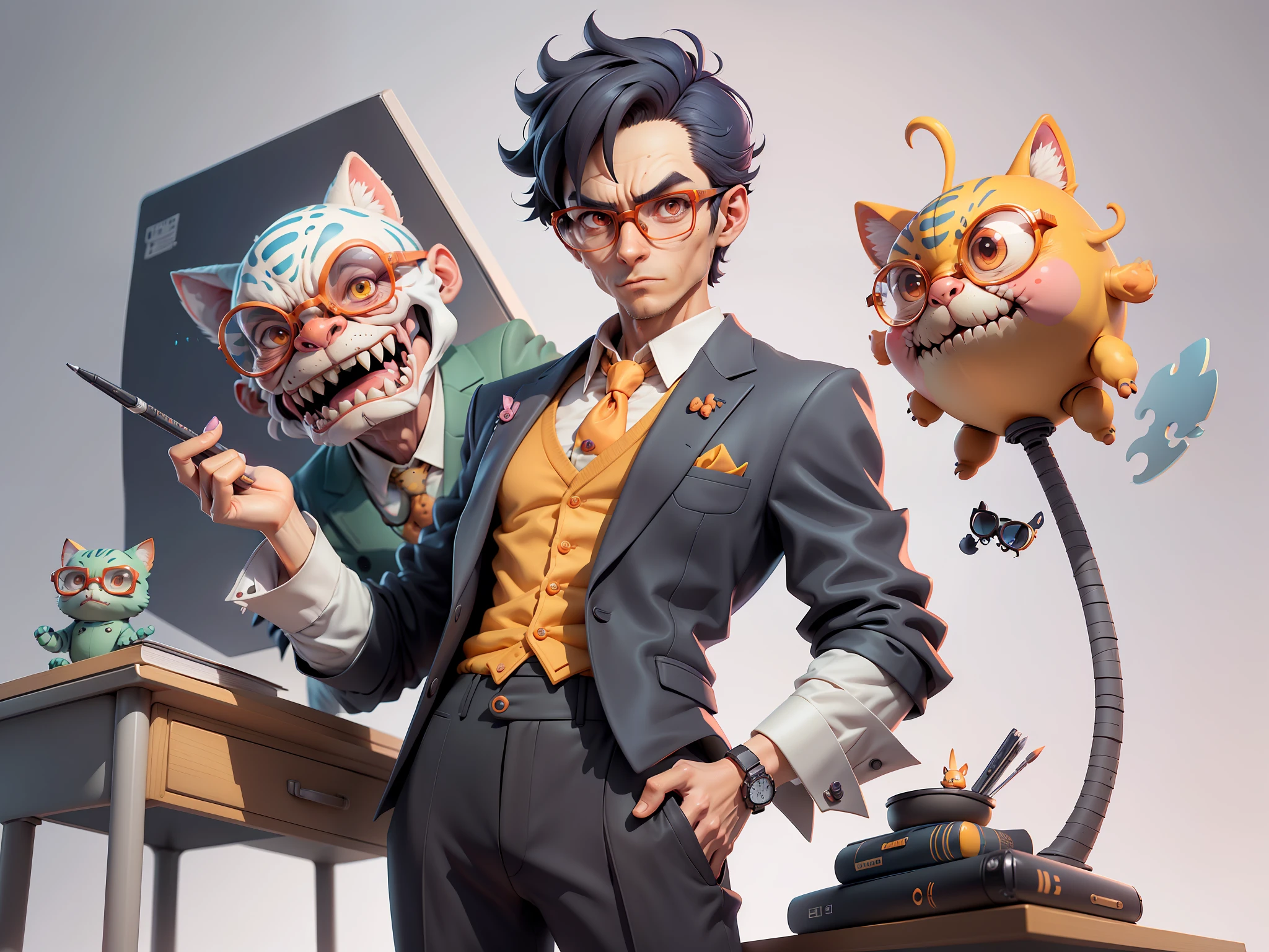 A young man in a suit and trousers, Short hair and glasses sat at his desk,holding laptop,digitial painting,tigre,3D character design by Mark Clairen and Pixar and Hayao Miyazaki and Akira Toriyama,4K HD illustration,Very detailed facial features and cartoon-style visuals。